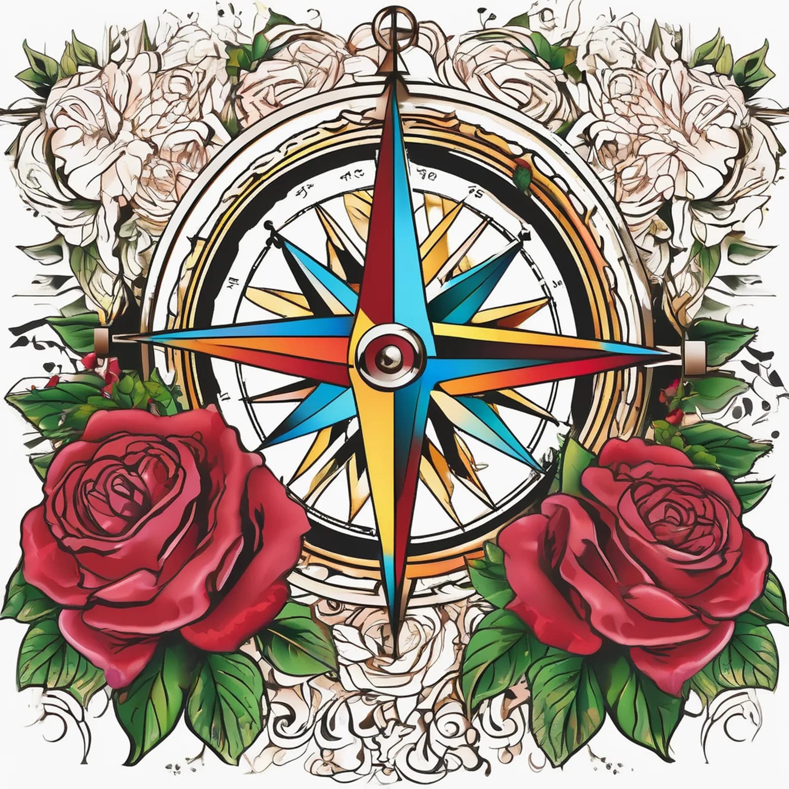 Compass And Roses tattoo design, alternative version 2