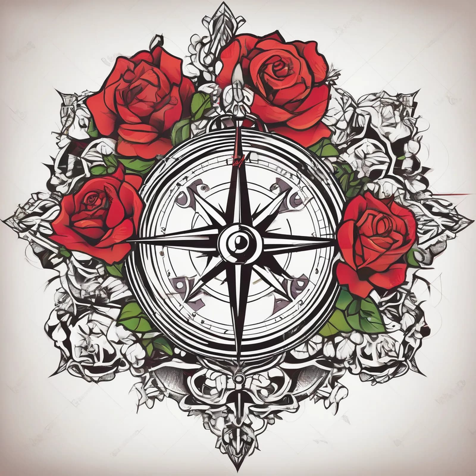 Compass And Roses tattoo design, alternative version 3