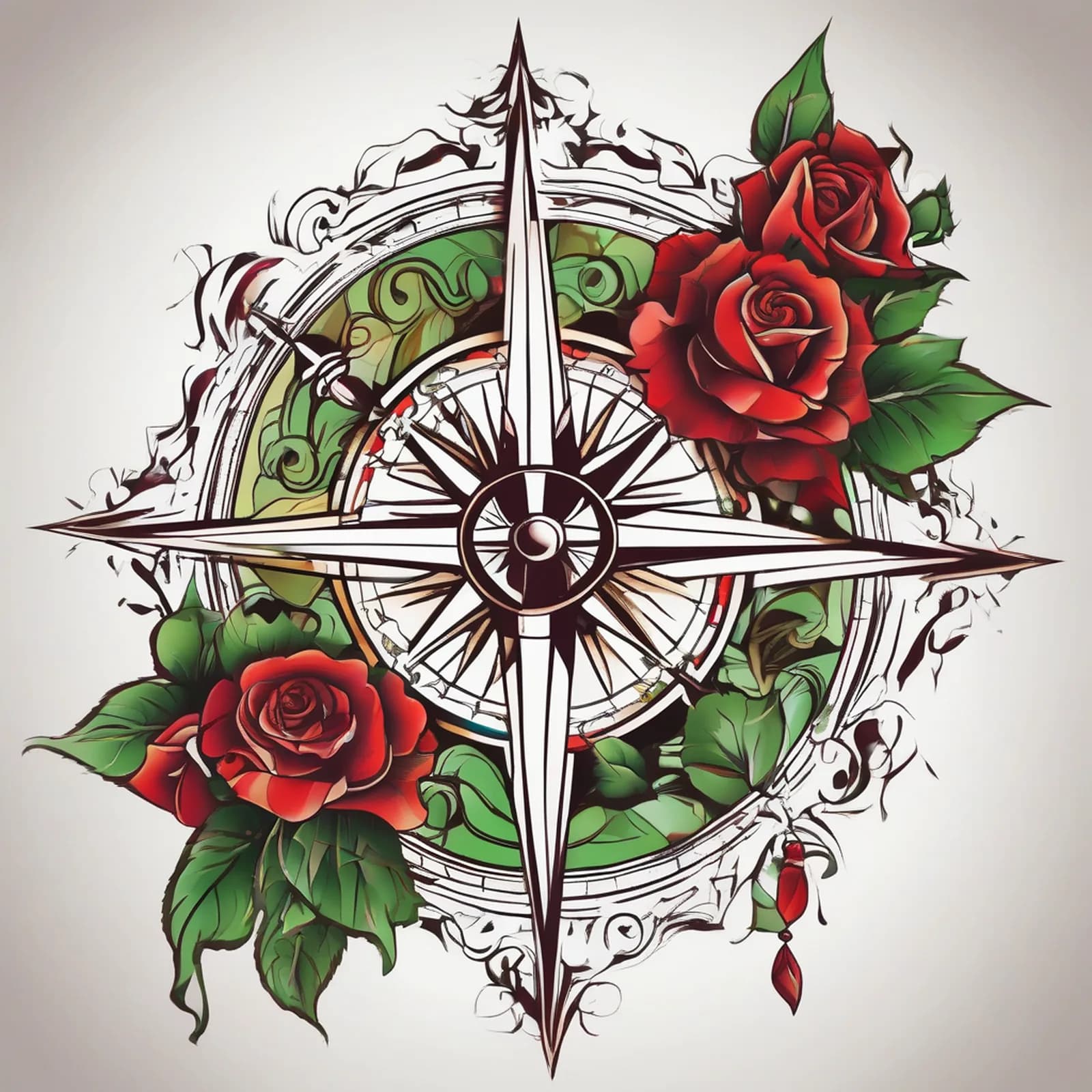 Compass And Roses tattoo design, alternative version 4