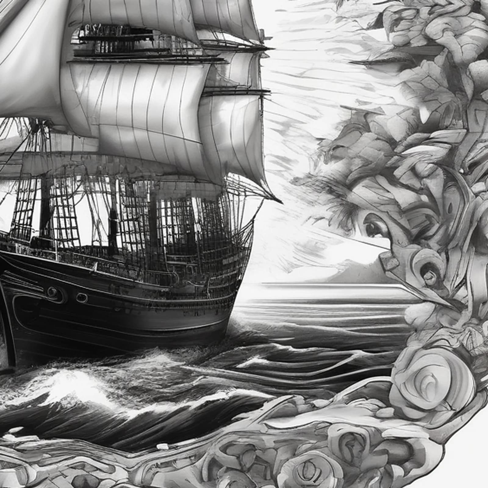 Compass And Sailing Ship tattoo design, close-up detail