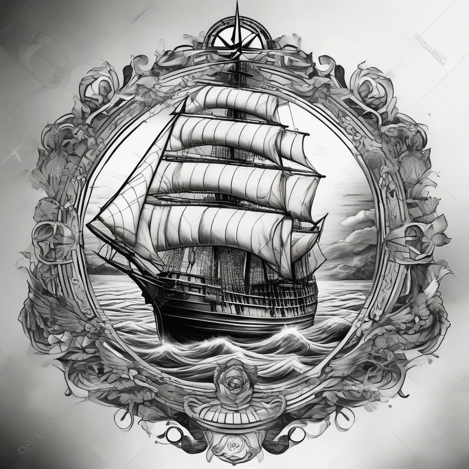 Compass And Sailing Ship tattoo design, alternative version 2