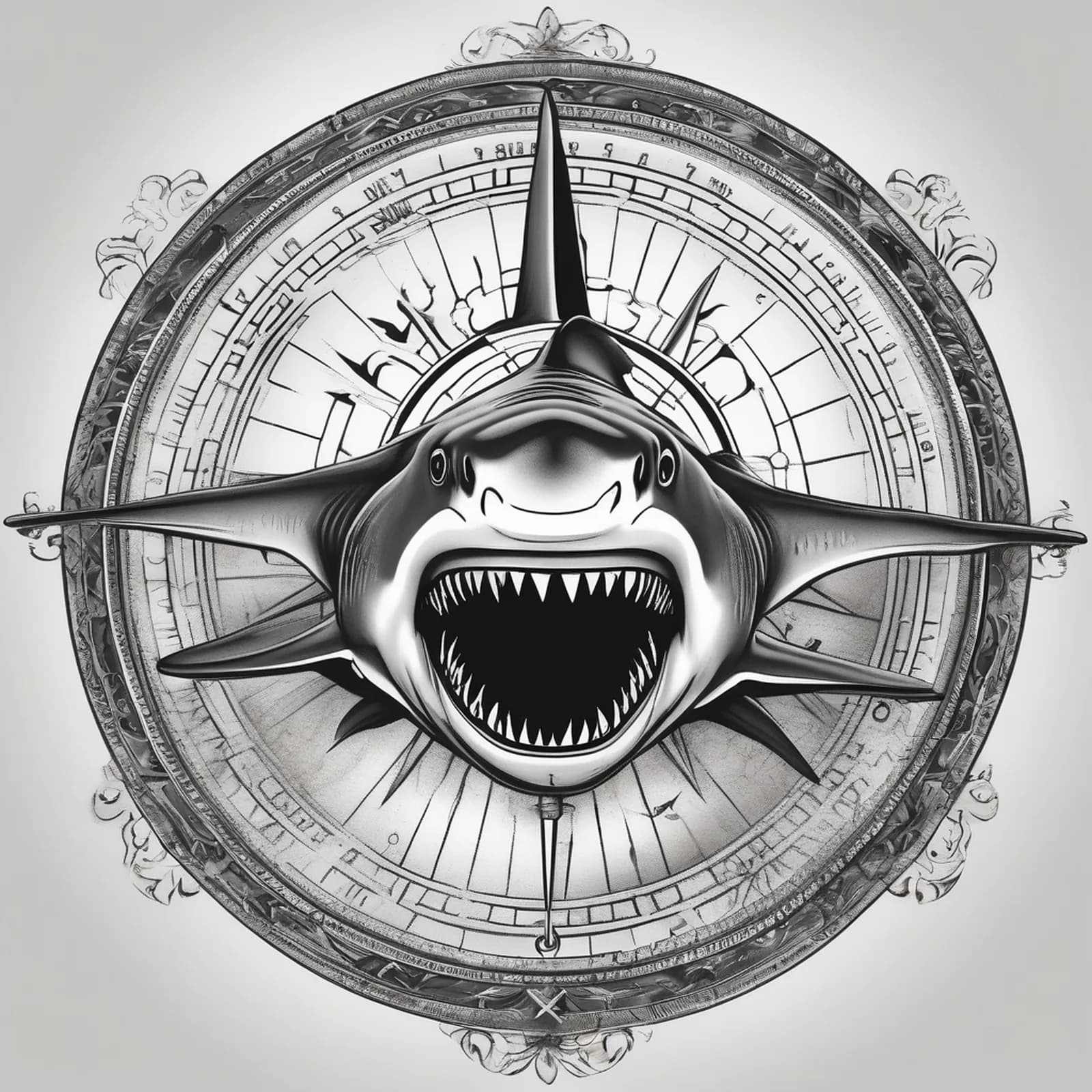 Compass And Shark tattoo design, alternative version 2