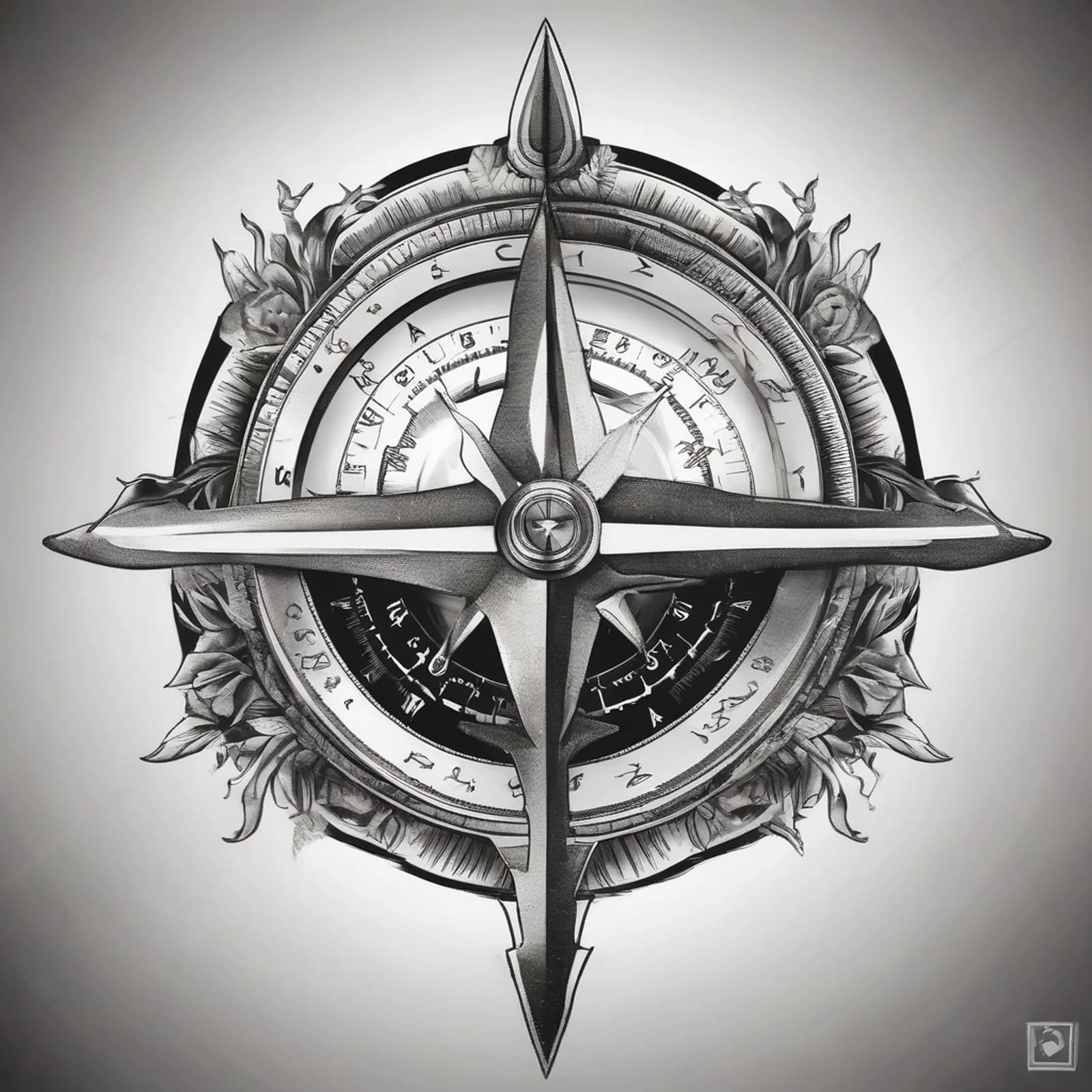 Compass And Shark tattoo design, alternative version 3
