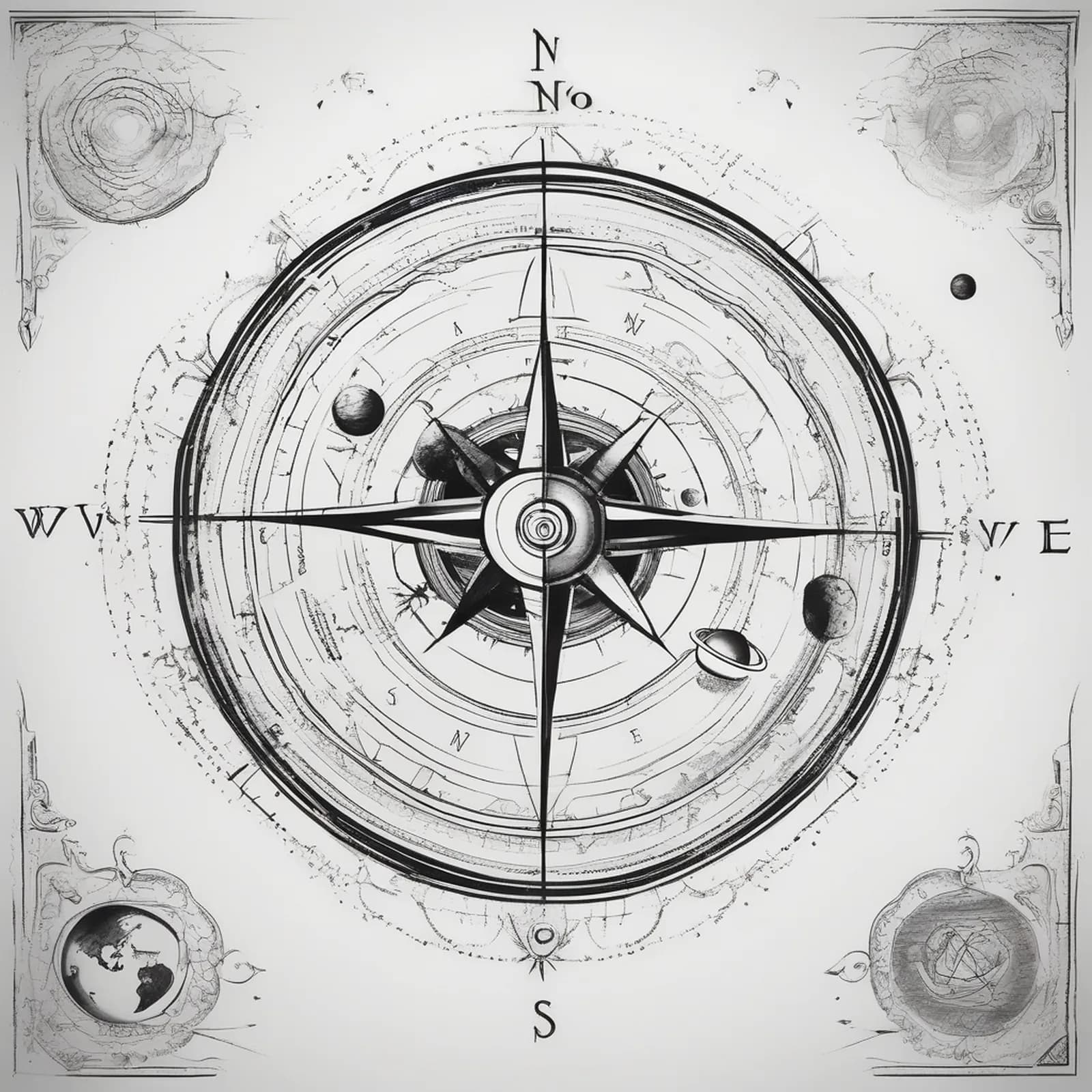 Compass And Solar System tattoo design, alternative version 3