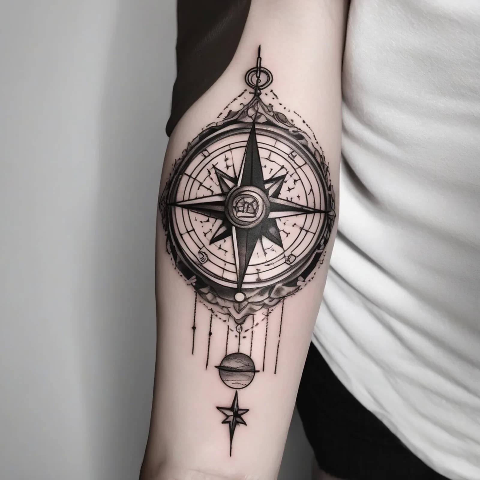 Compass And Solar System tattoo design, alternative version 4