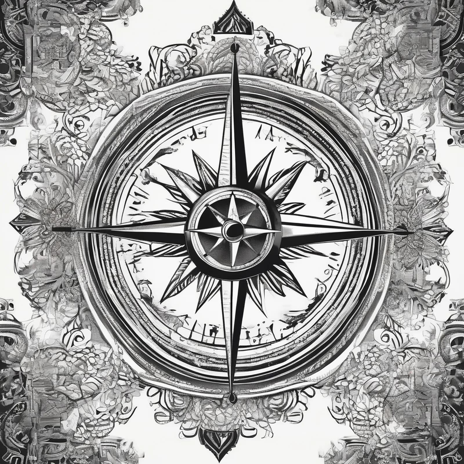 Compass And Sun tattoo design, alternative version 3