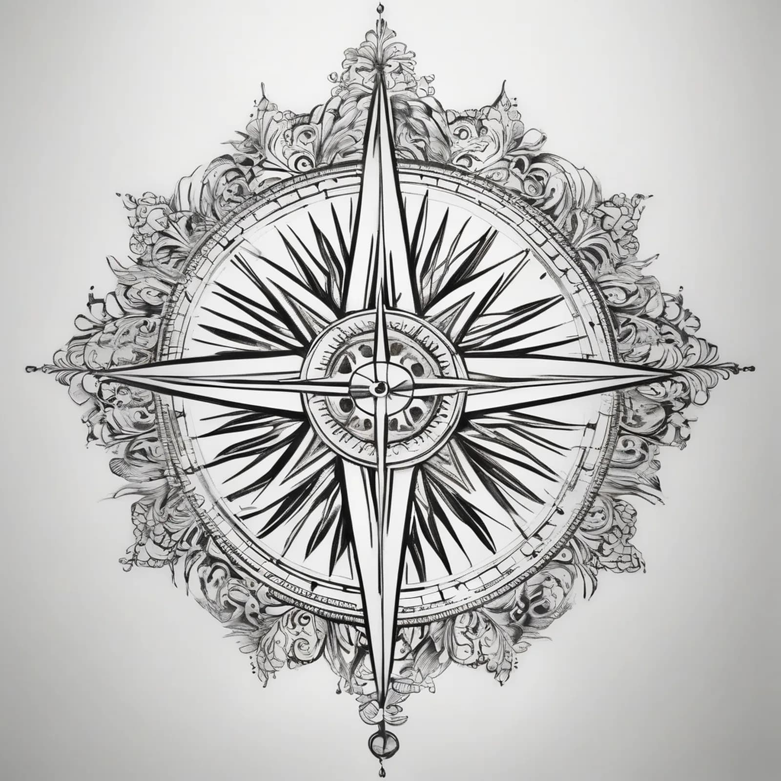 Compass And Sun tattoo design, alternative version 4