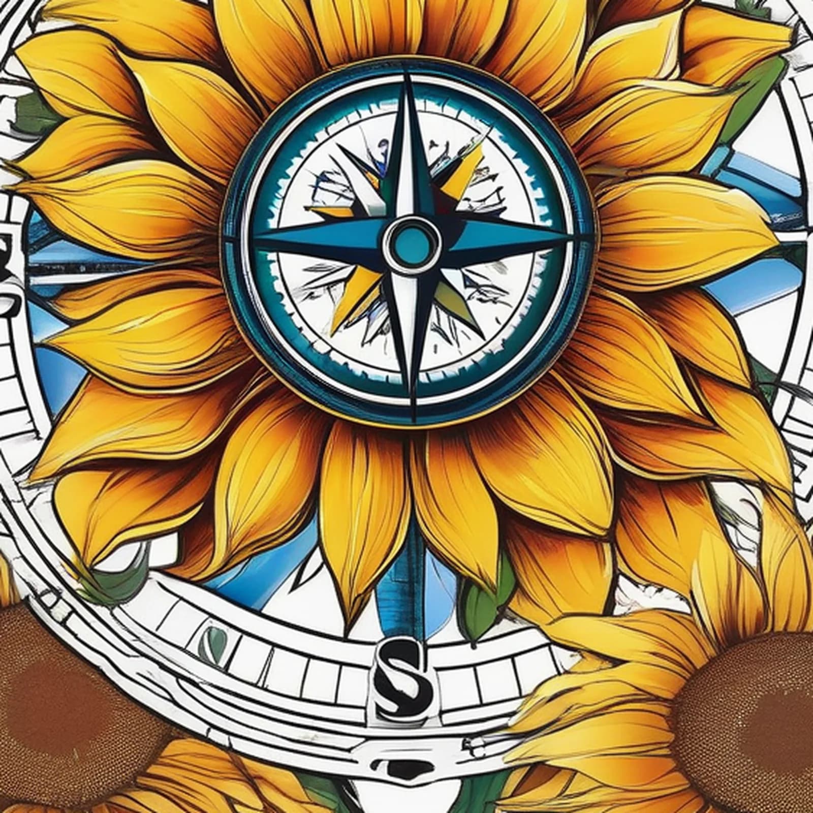 Compass And Sunflower tattoo design, close-up detail