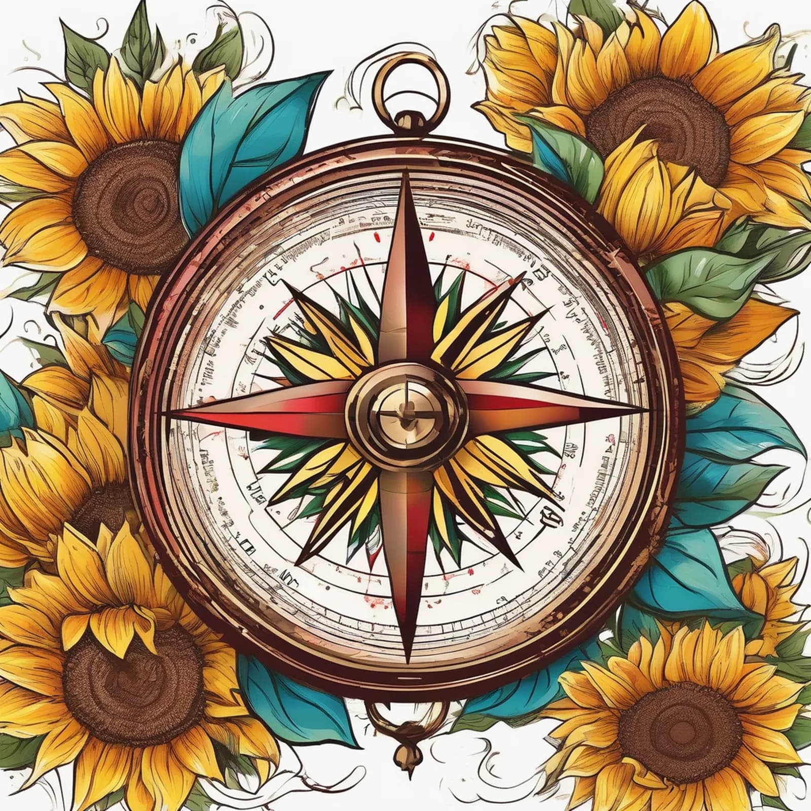 Compass And Sunflower tattoo design, alternative version 2