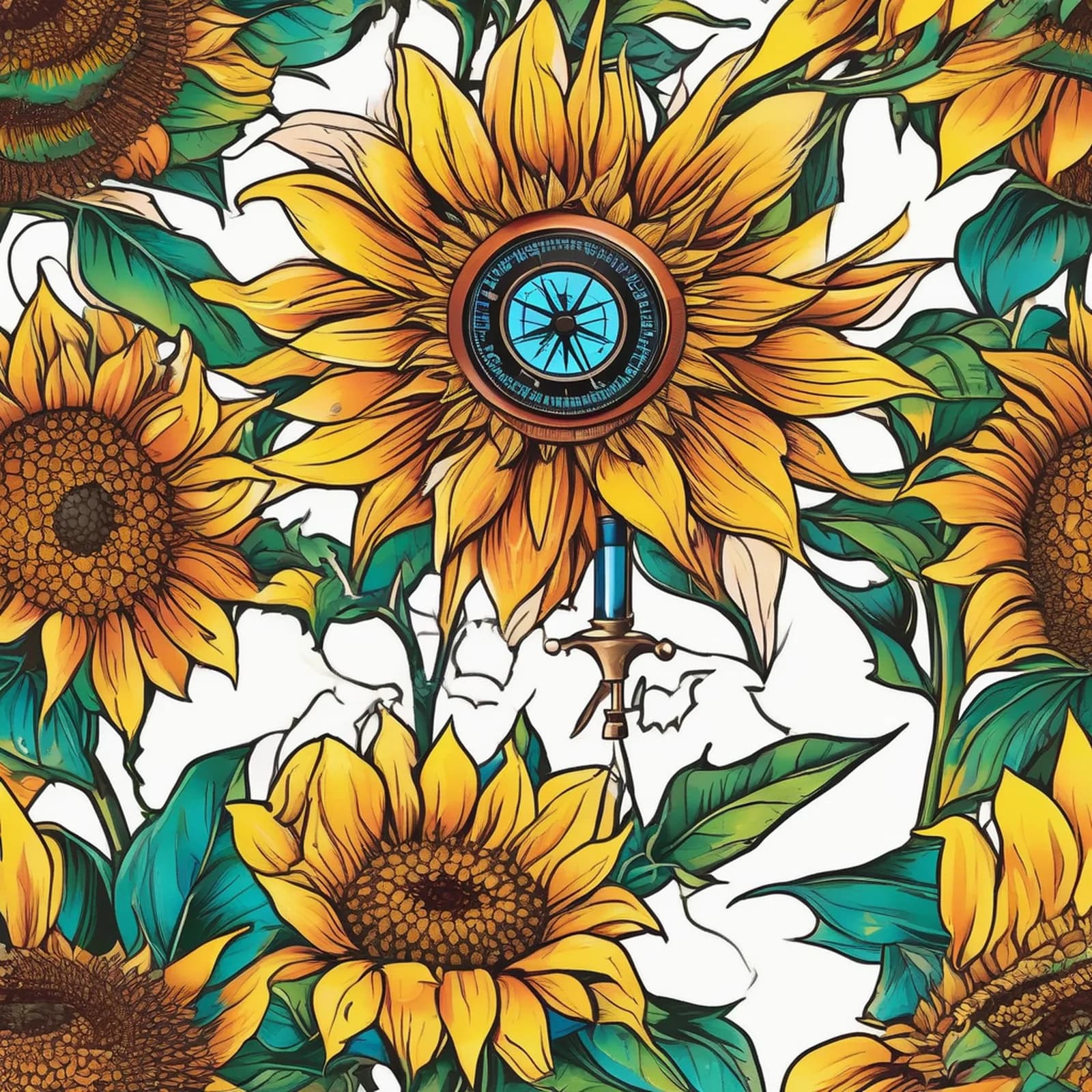 Compass And Sunflower tattoo design, alternative version 3