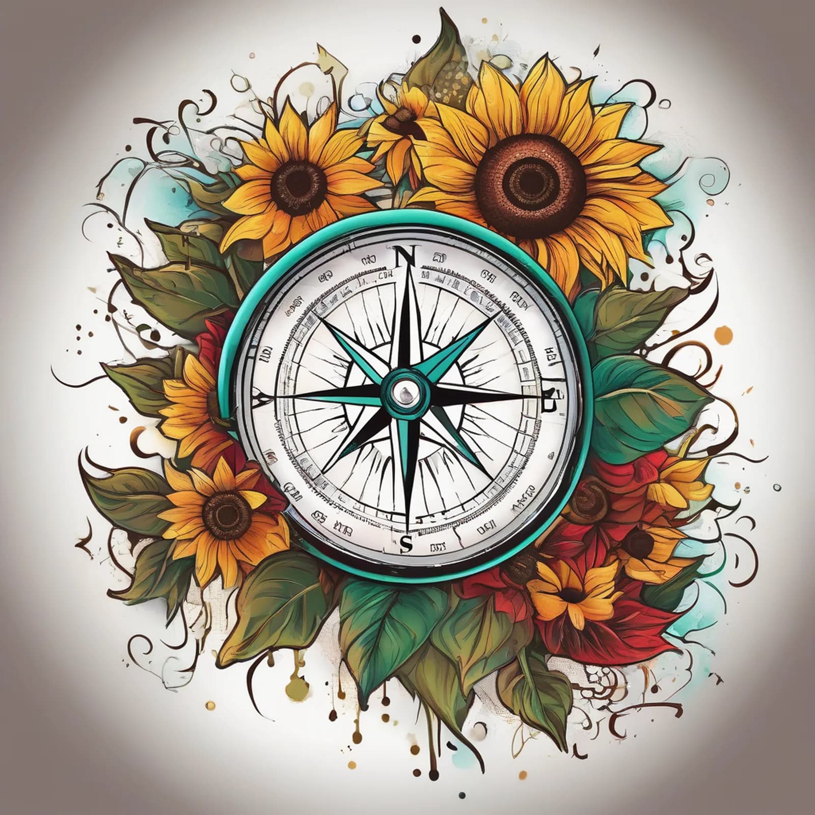 Compass And Sunflower tattoo design, alternative version 4