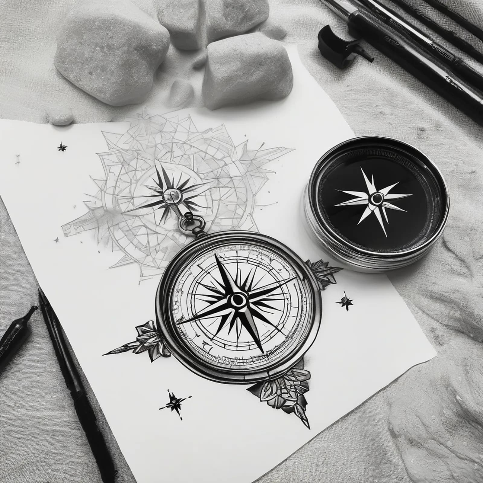 Compass And Telescope tattoo design, alternative version 4