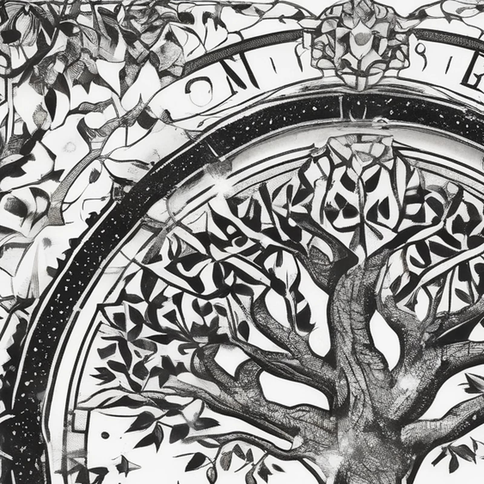 Compass And Tree Of Life tattoo design, close-up detail
