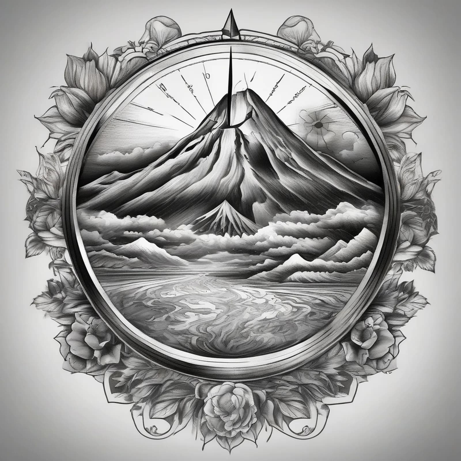 Compass And Volcano tattoo design, alternative version 4