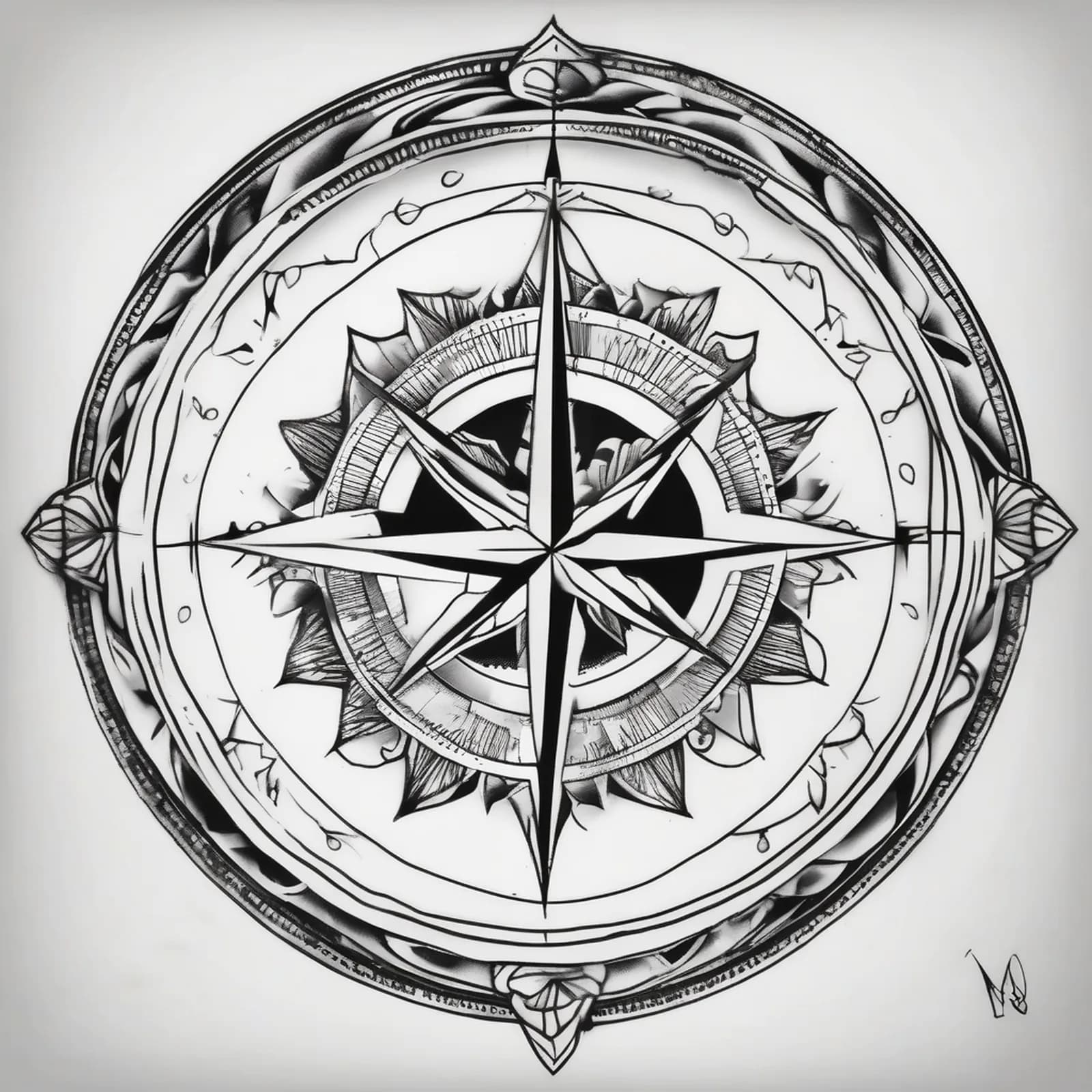 Compass And Water Drop tattoo design, alternative version 2