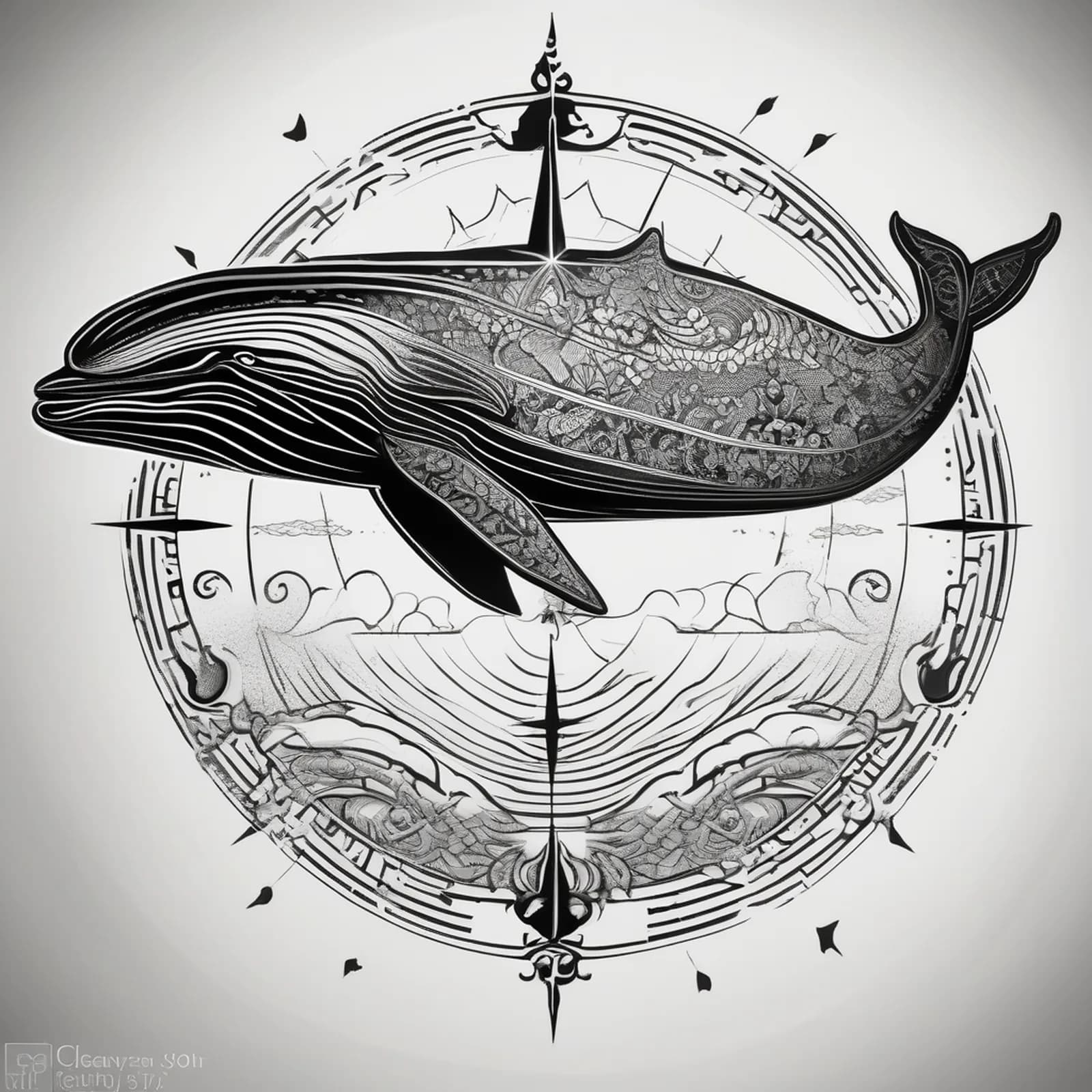 Compass And Whale tattoo design, alternative version 2
