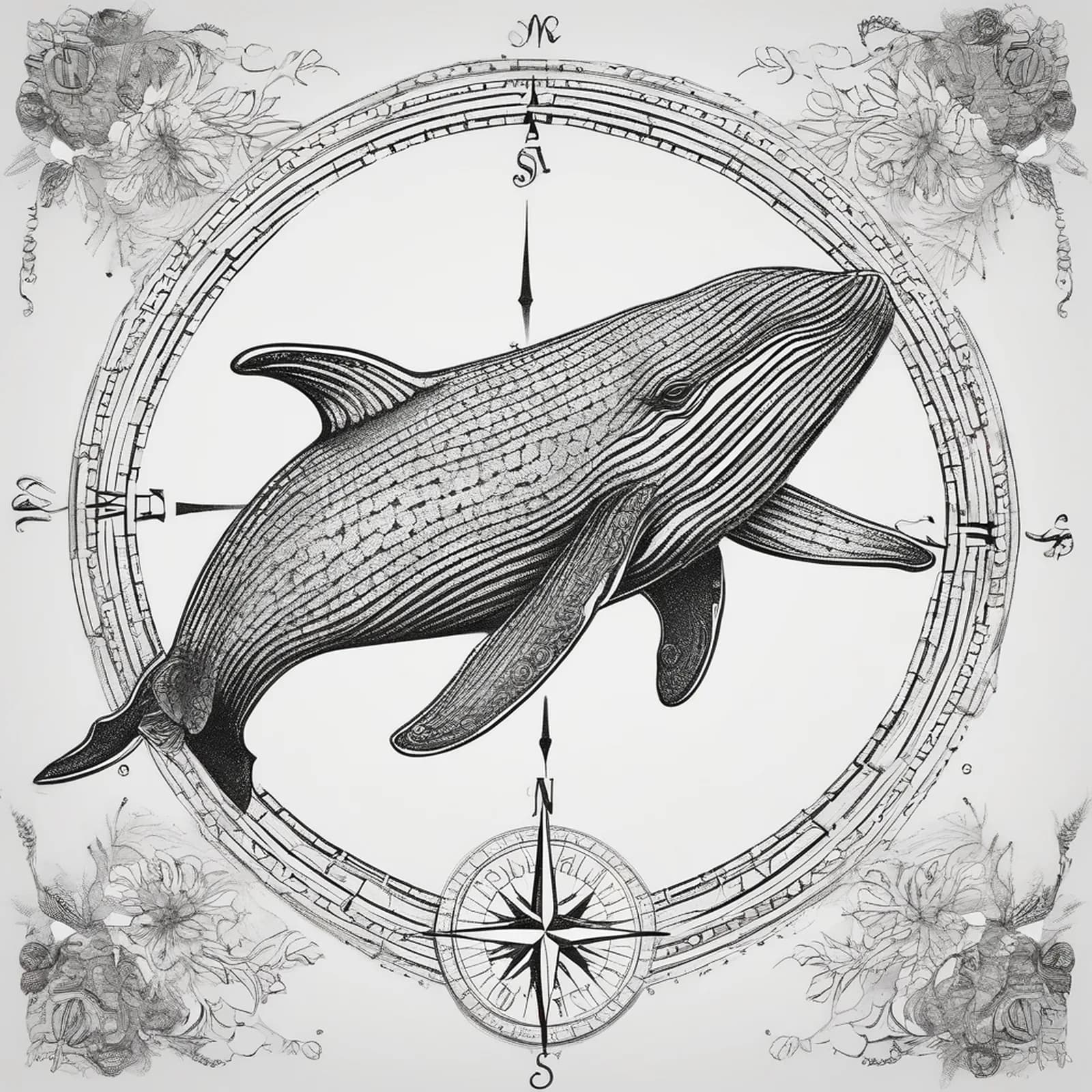 Compass And Whale tattoo design, alternative version 3