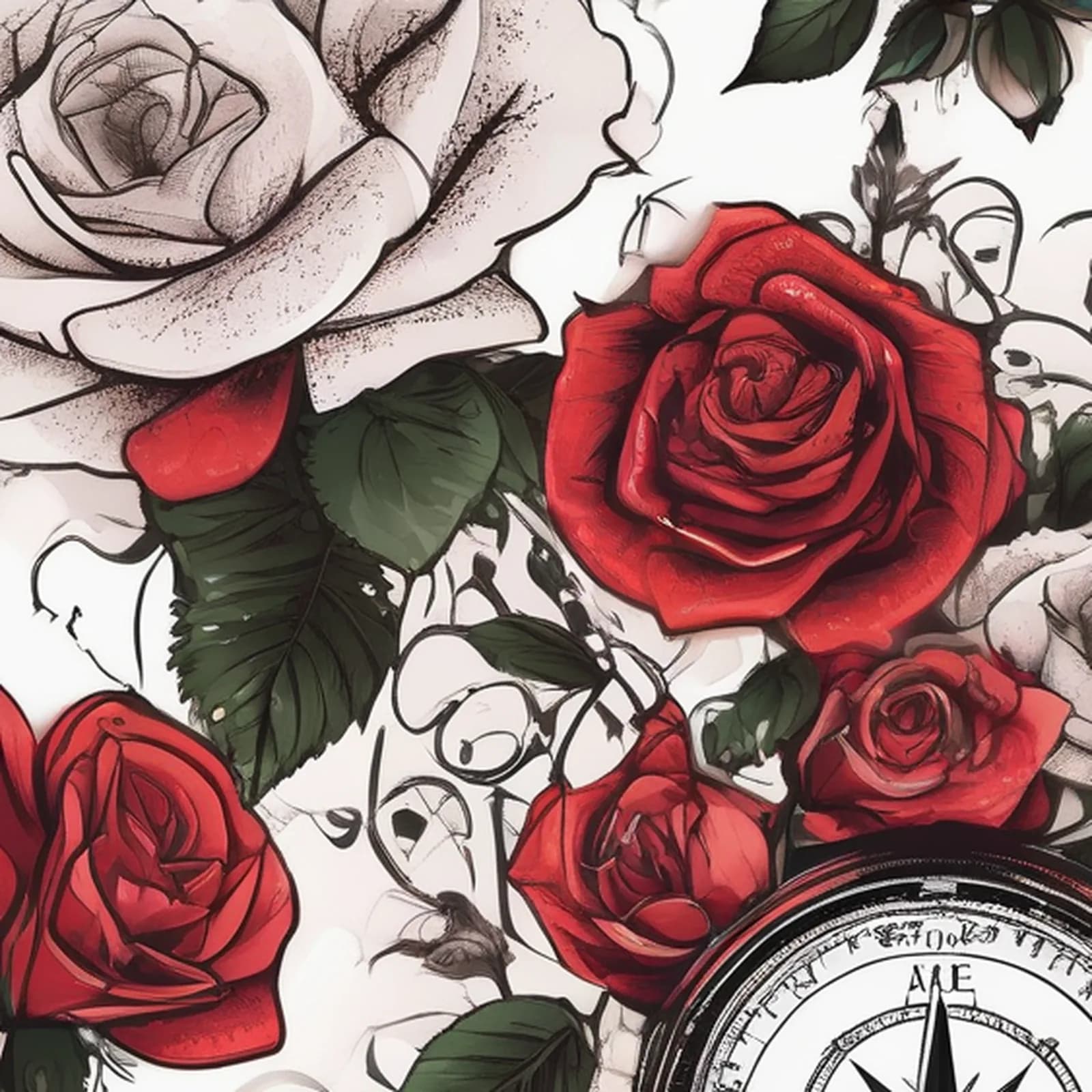 Compass Made Of Roses tattoo design, close-up detail