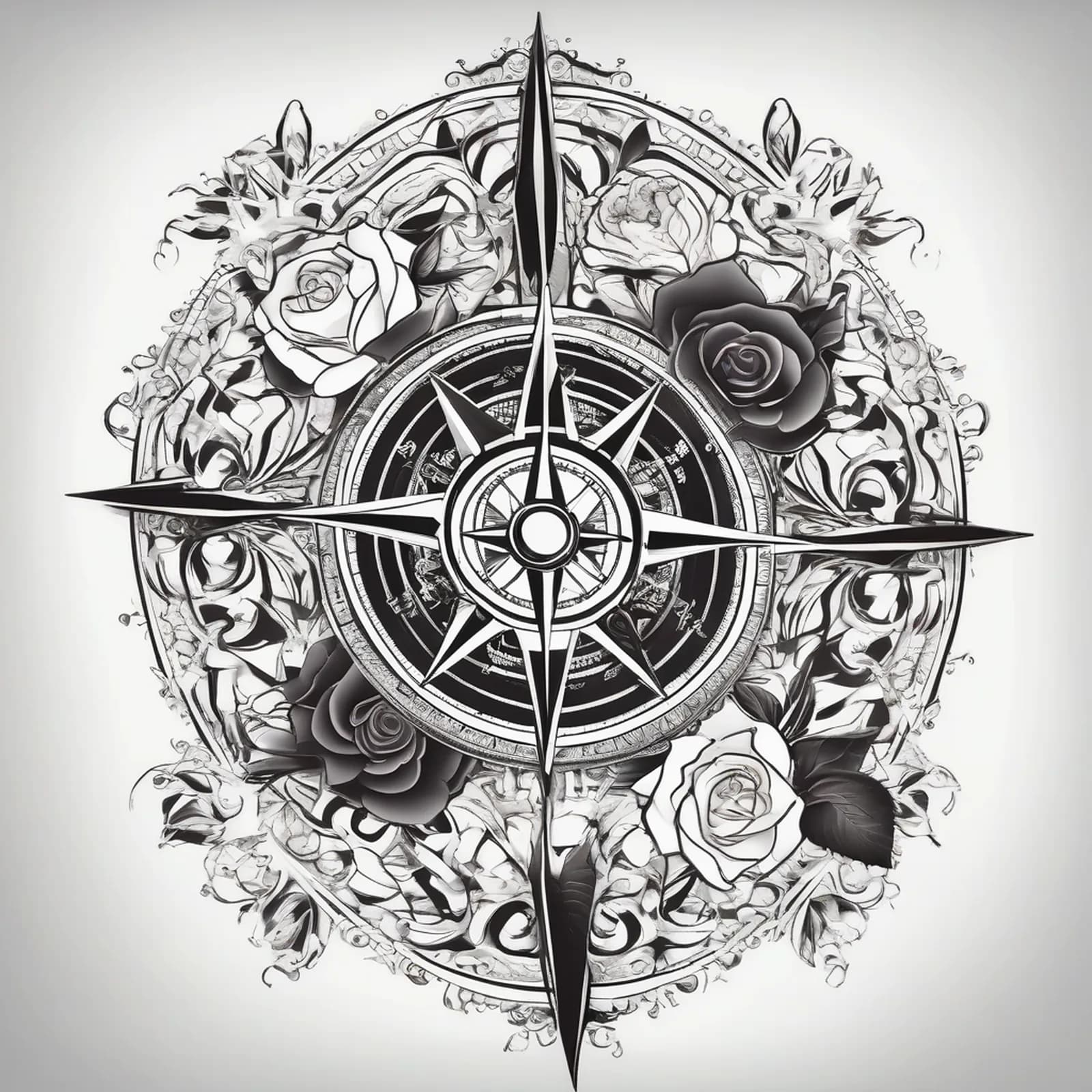 Compass Made Of Roses tattoo design, alternative version 2