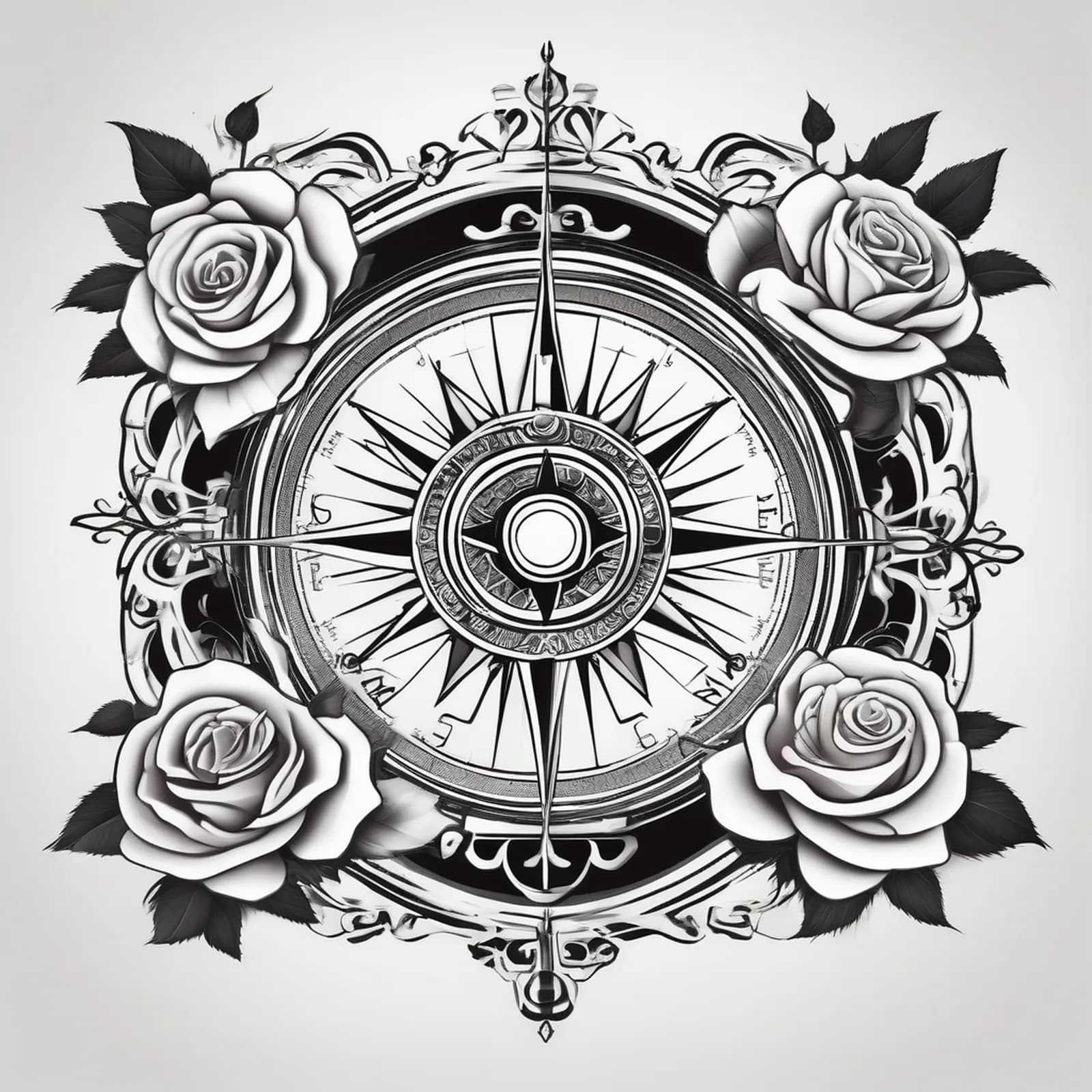 Compass Made Of Roses tattoo design, alternative version 3