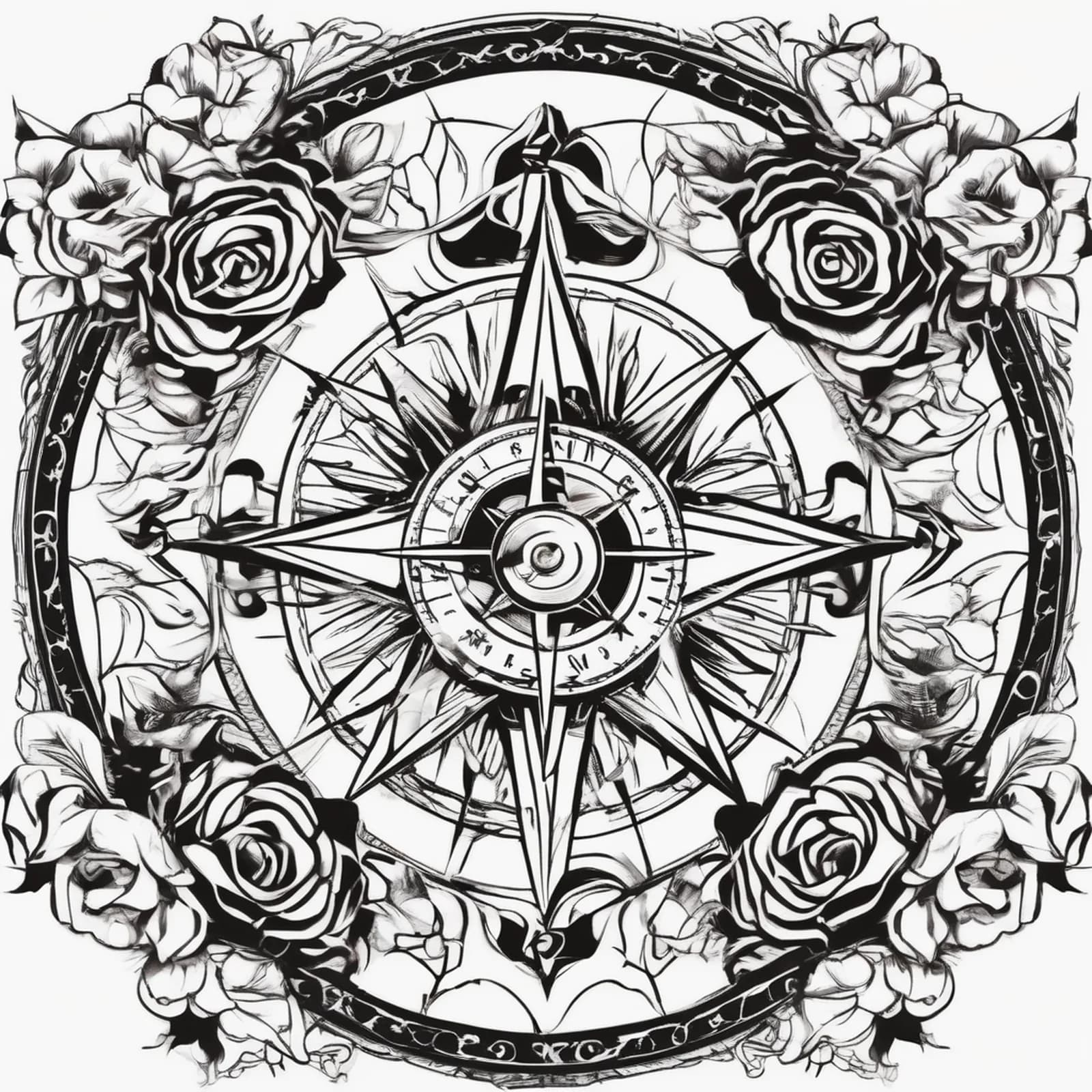 Compass Made Of Roses tattoo design, alternative version 4