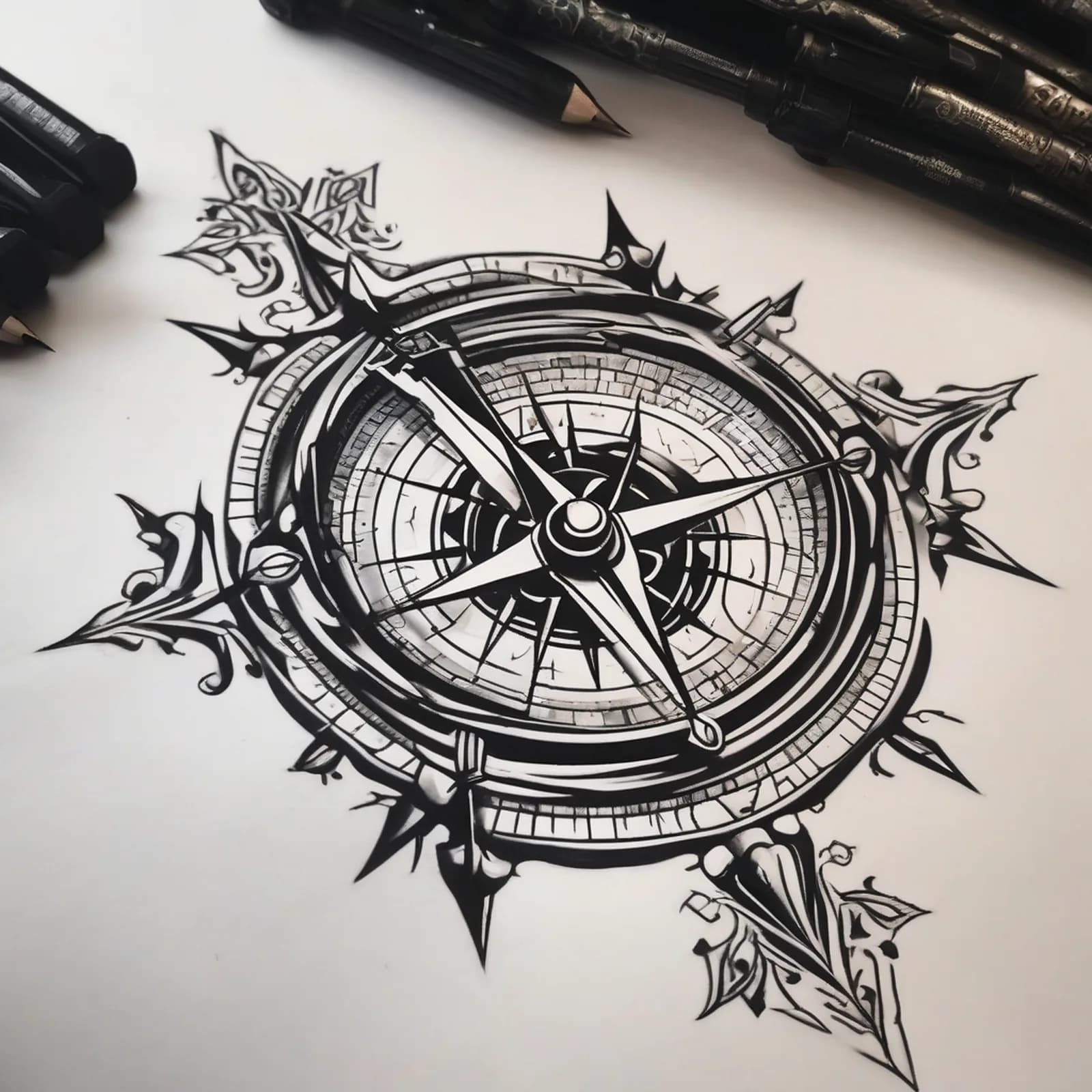 Compass On The Hand tattoo design, alternative version 4