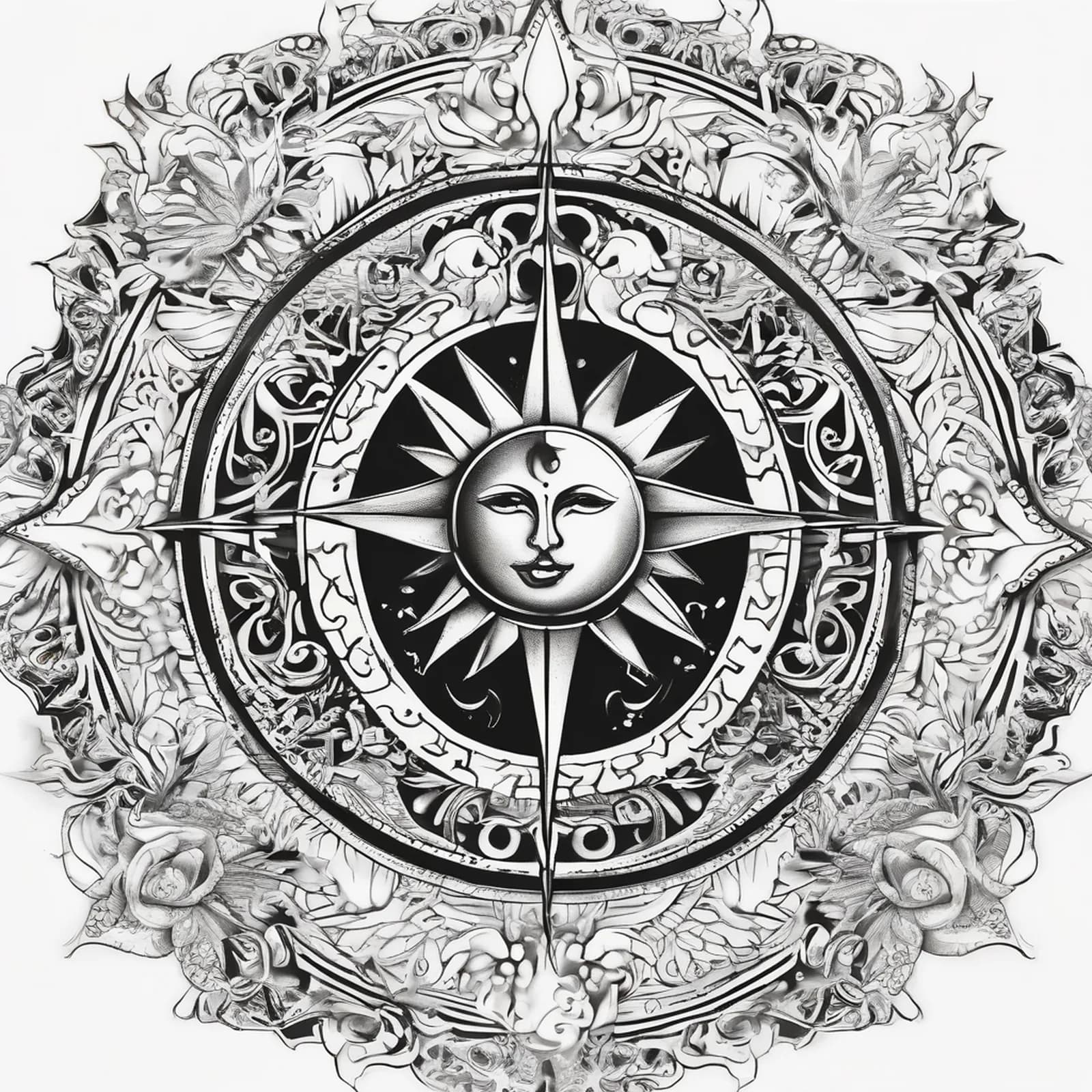 Compass Sun And Moon tattoo design, alternative version 2