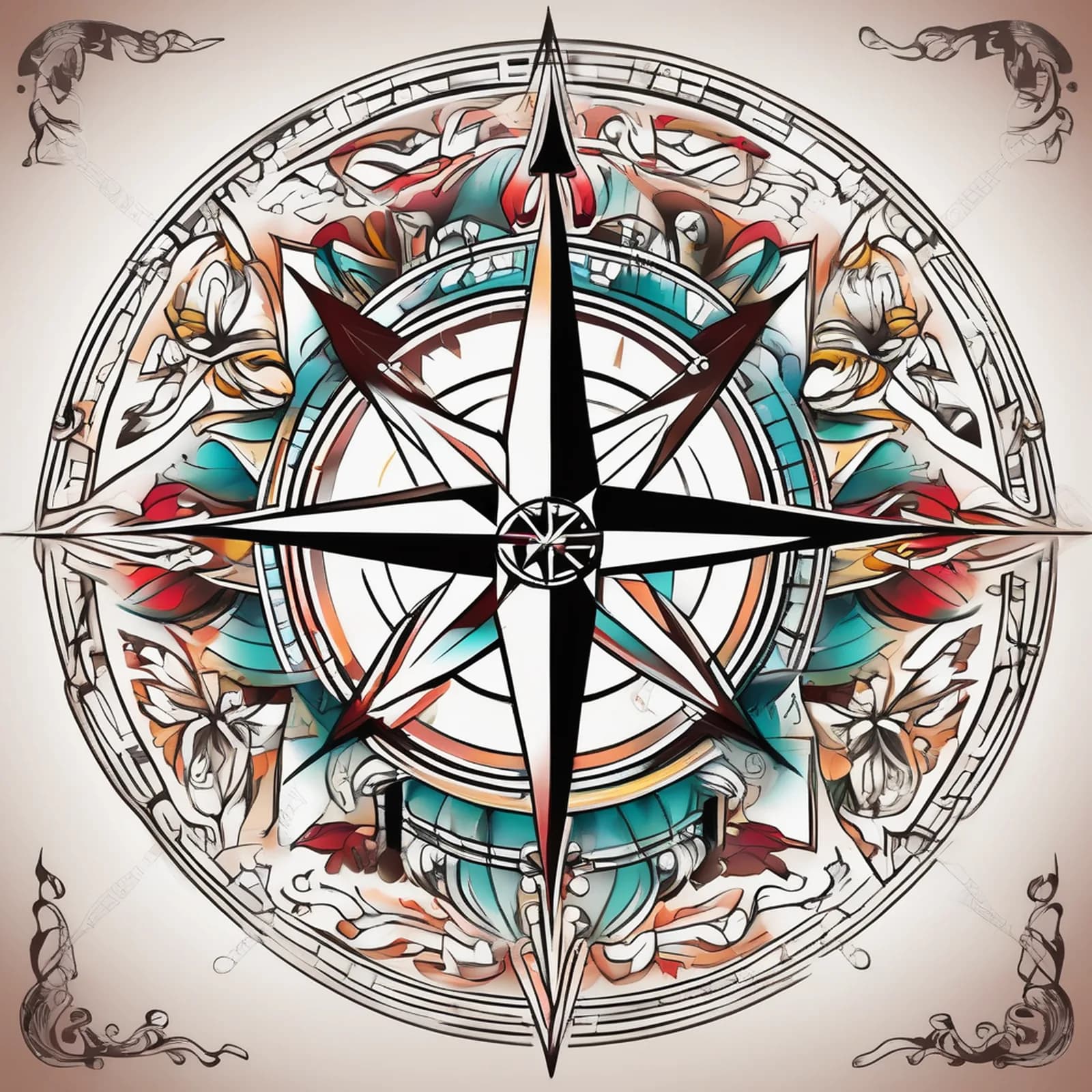 Neo Traditional Compass tattoo design, alternative version 3