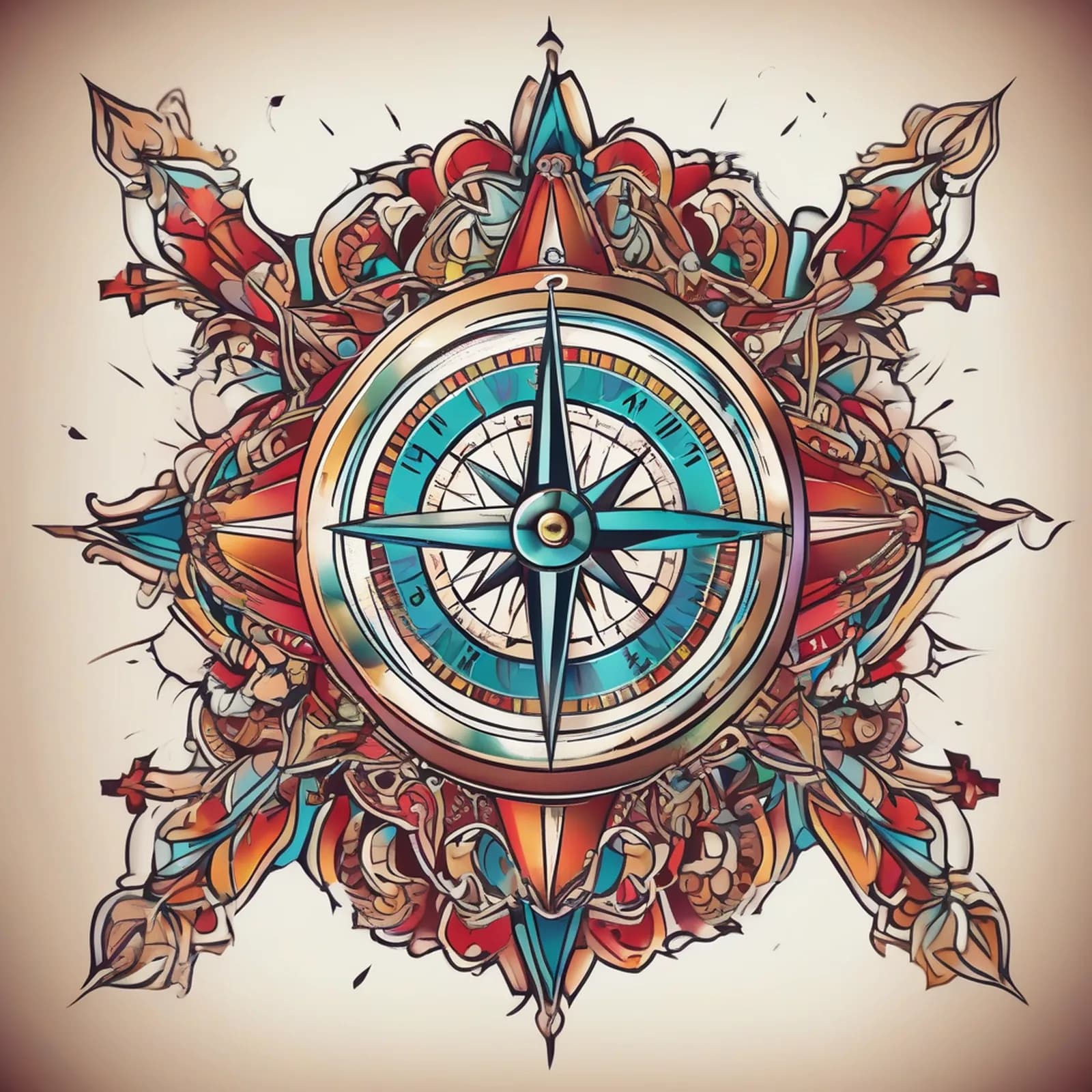 Neo Traditional Compass tattoo design, alternative version 4