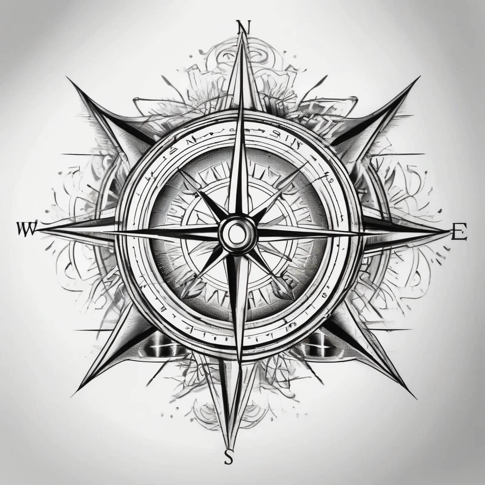 Sketch Style Compass tattoo design, alternative version 3
