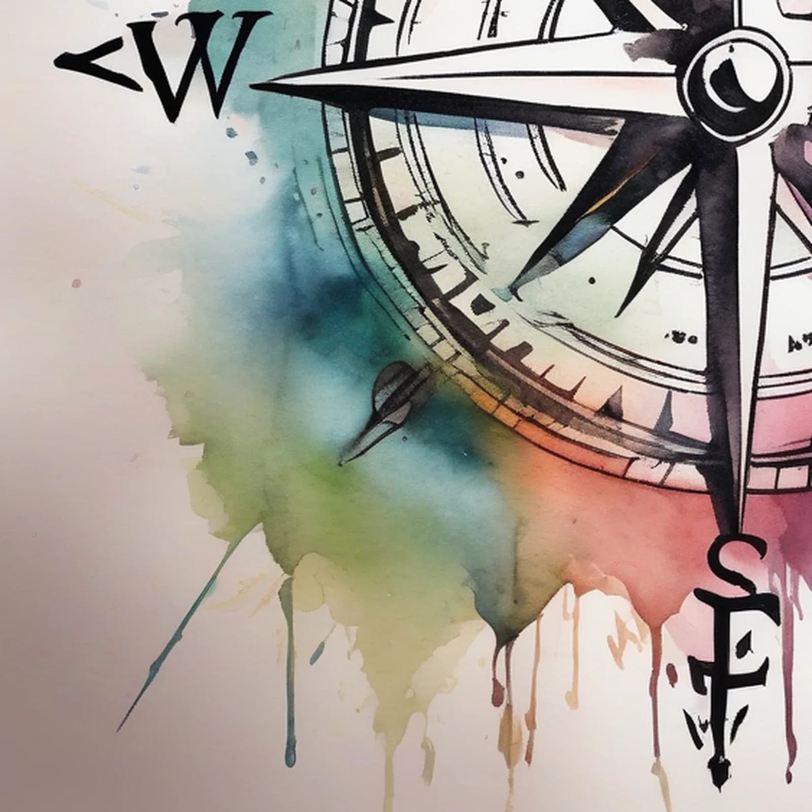Watercolor Compass tattoo design, close-up detail