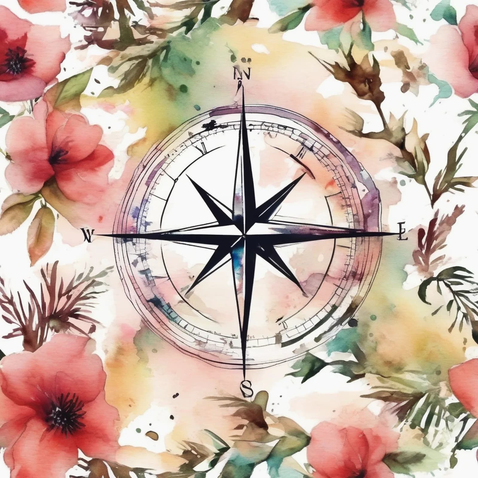 Watercolor Compass tattoo design, alternative version 2