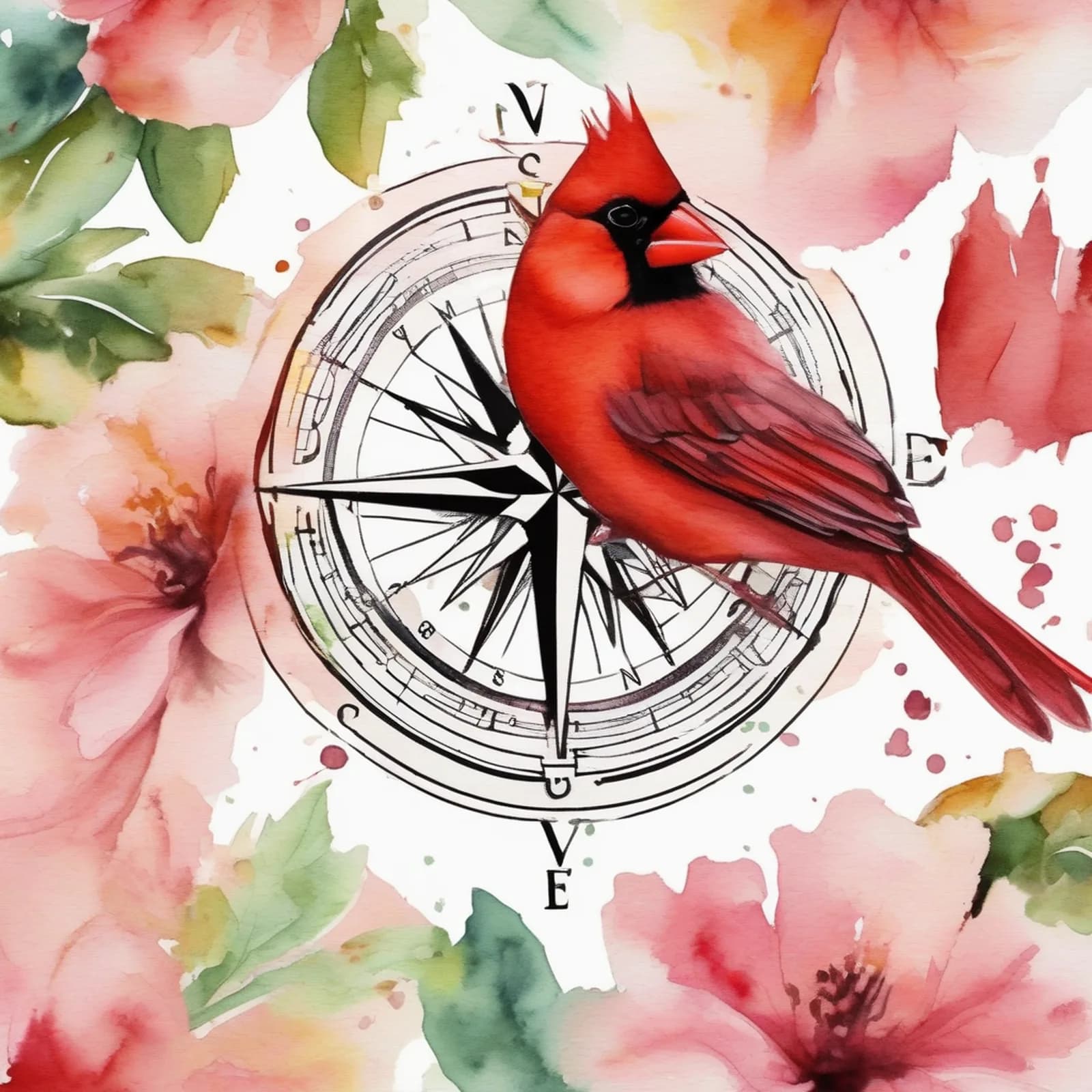 Watercolor Compass tattoo design, alternative version 3