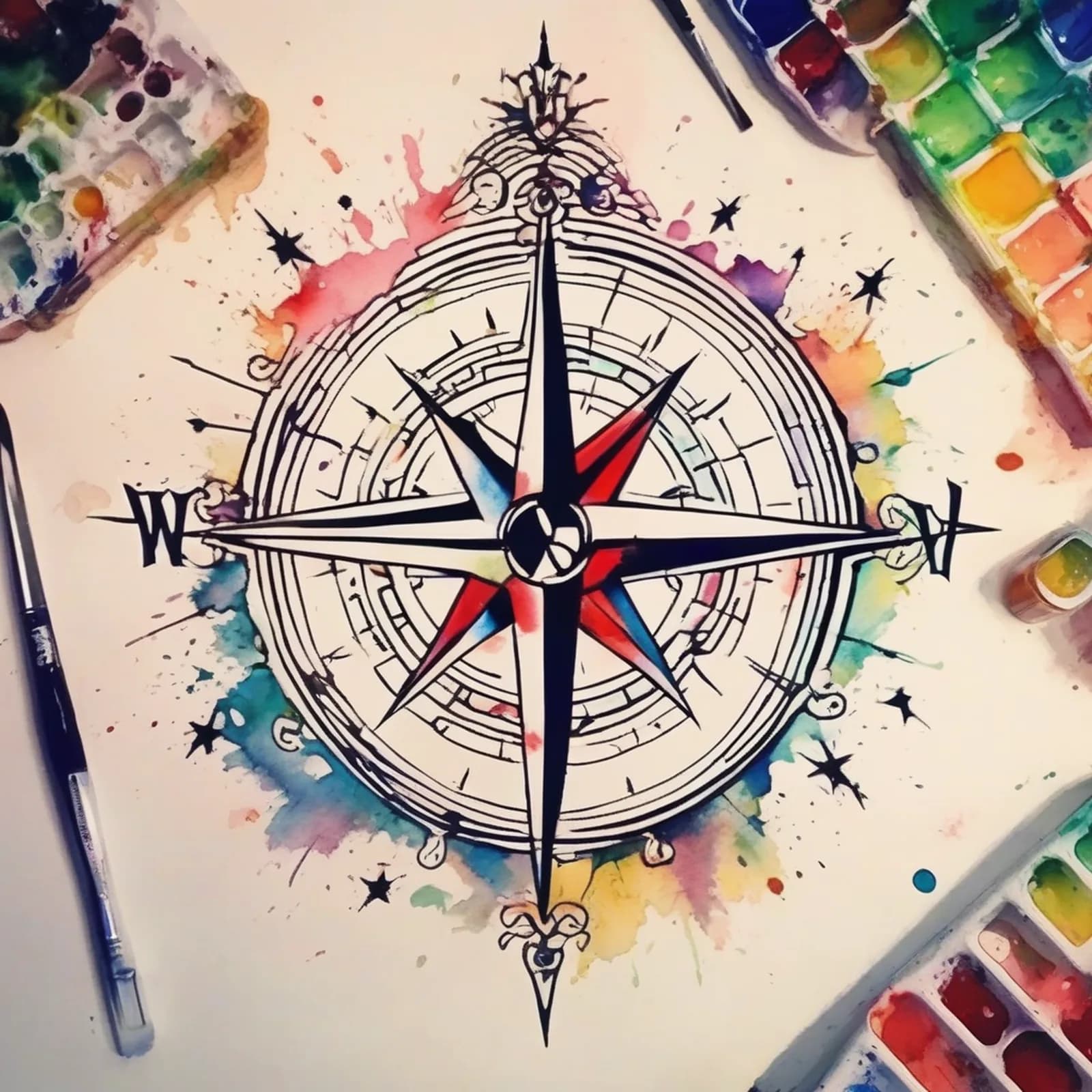 Watercolor Compass tattoo design, alternative version 4