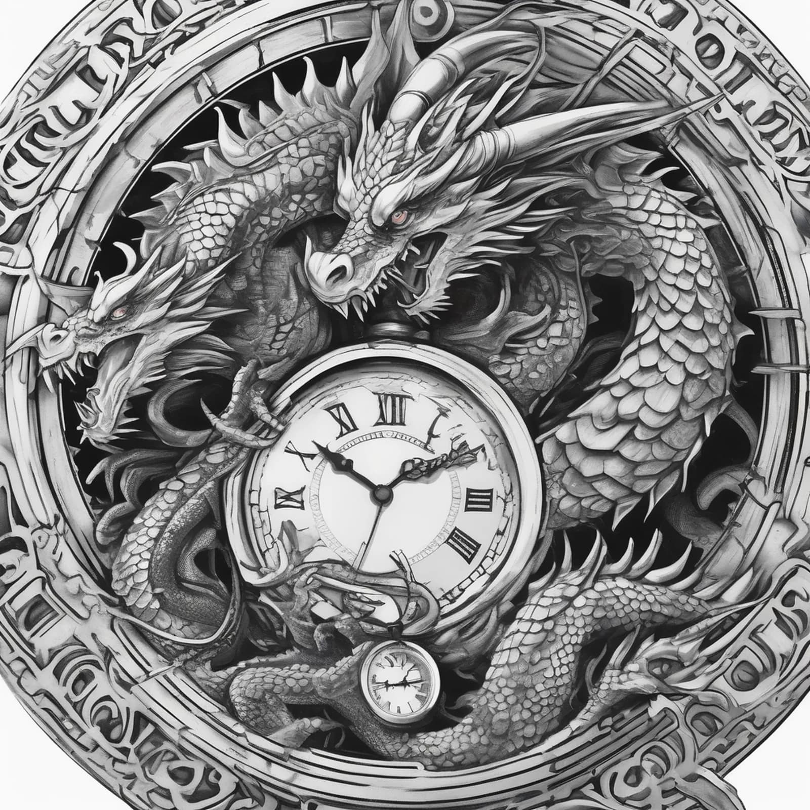 Dragon and Clock tattoo design, alternative version 2