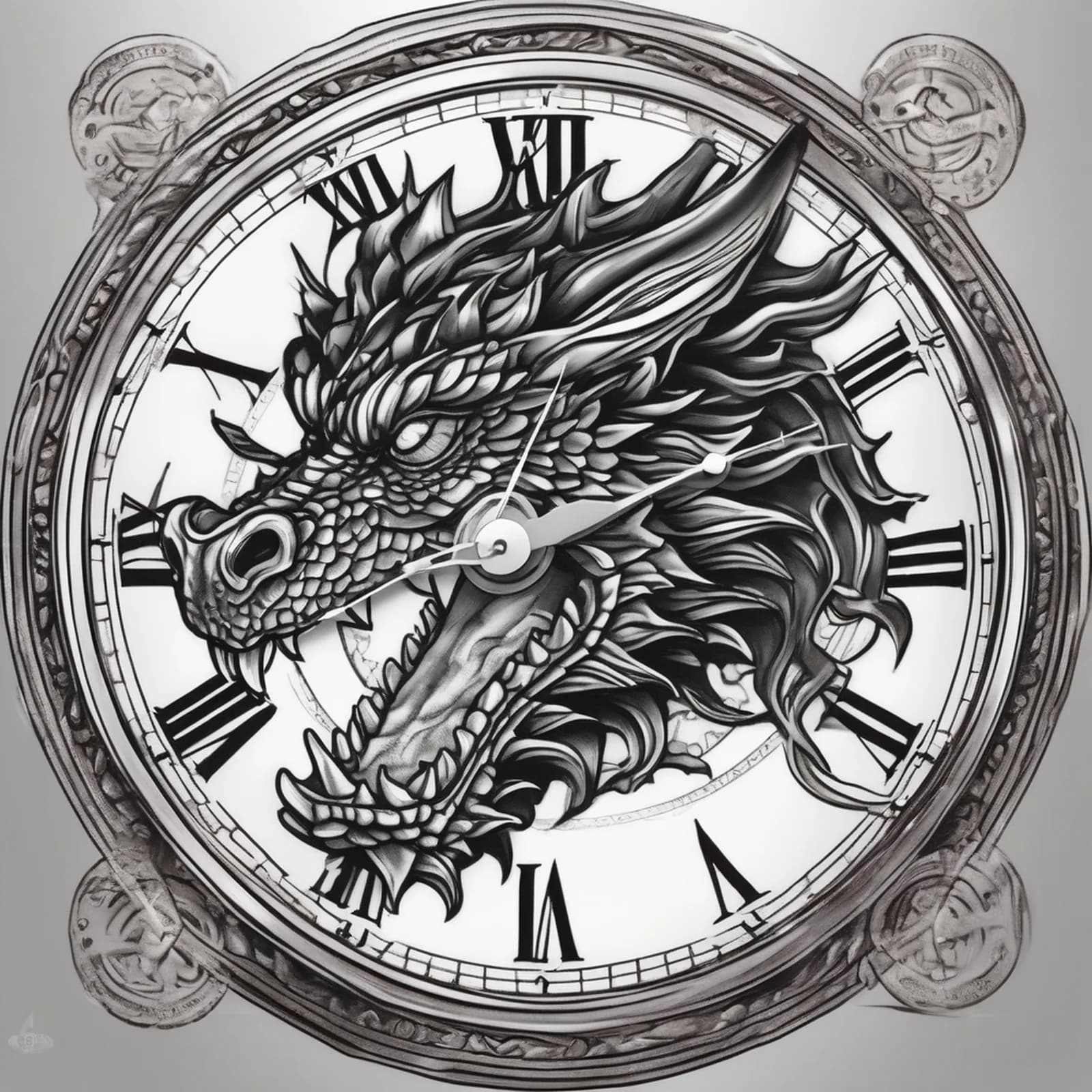 Dragon and Clock tattoo design, alternative version 3