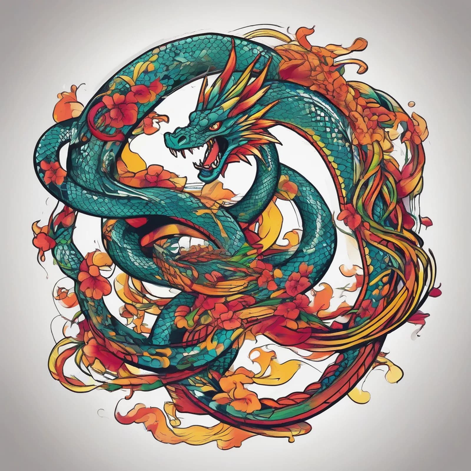 Dragon and Snake Intertwined tattoo design, alternative version 2