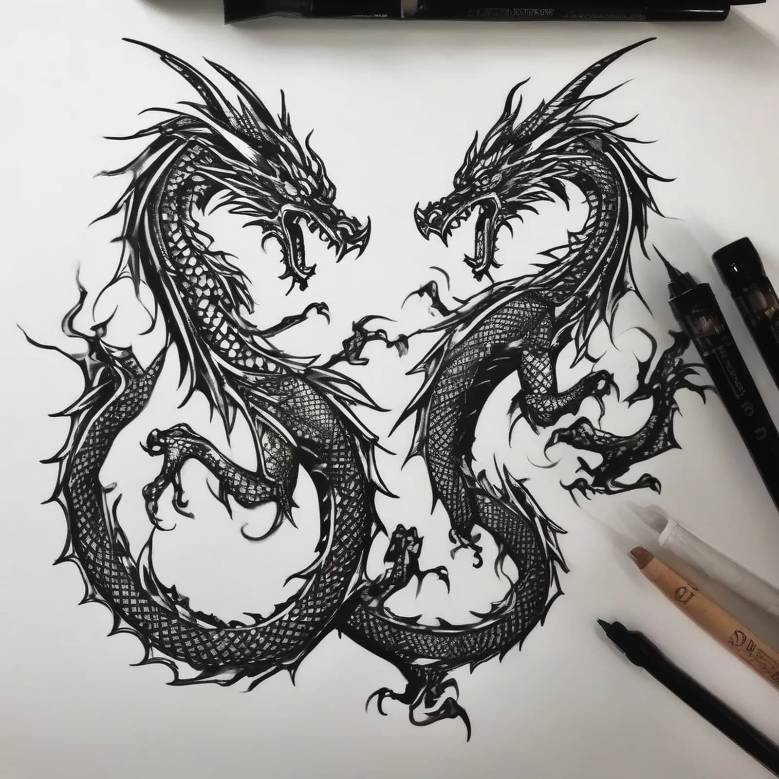 Matching Twin Dragons tattoo design, alternative version 3