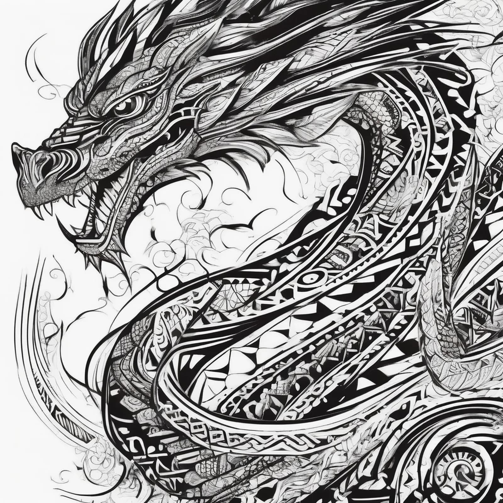 Polynesian Inspired Dragon Sleeve tattoo design, alternative version 2