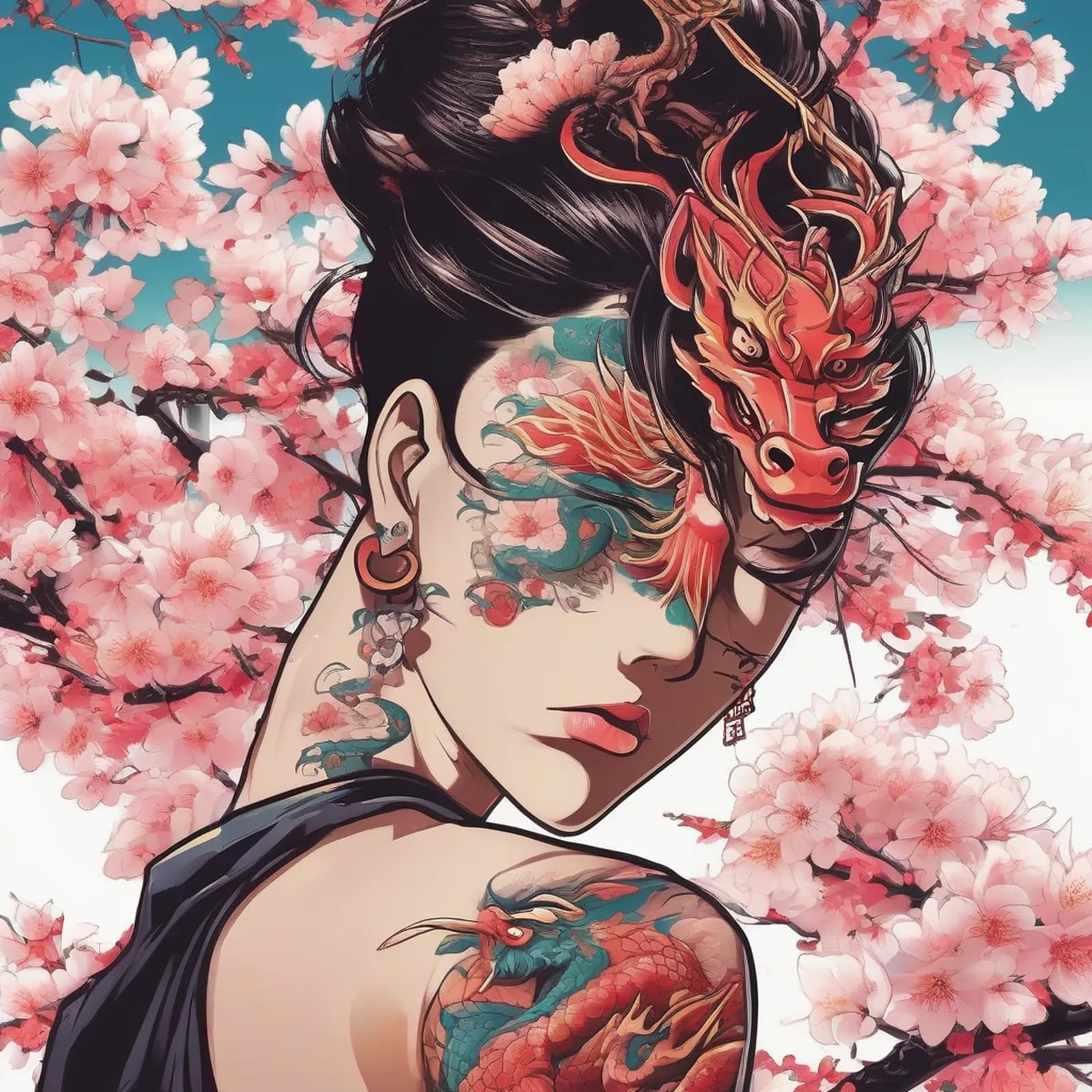 Ryu Wrapping Forearm with Sakura tattoo design, alternative version 2