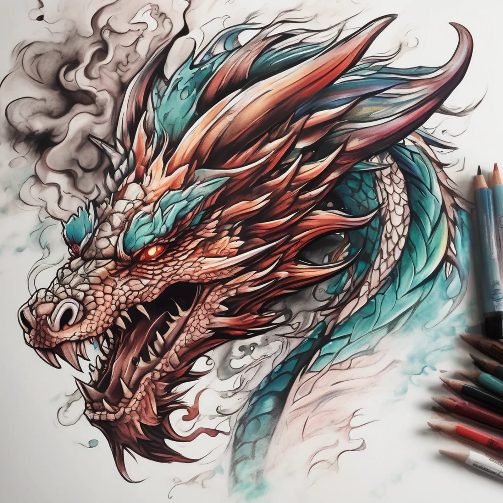 Smoke and Fire Dragon tattoo design, alternative version 3