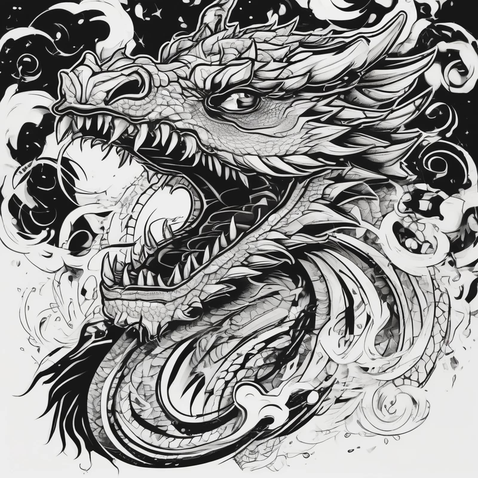 Solid Blackwork Dragon Back tattoo design, alternative version 2