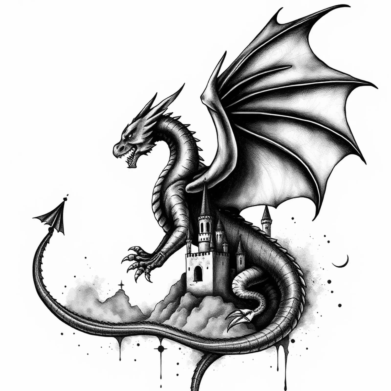 Winged Western Dragon on Back tattoo design