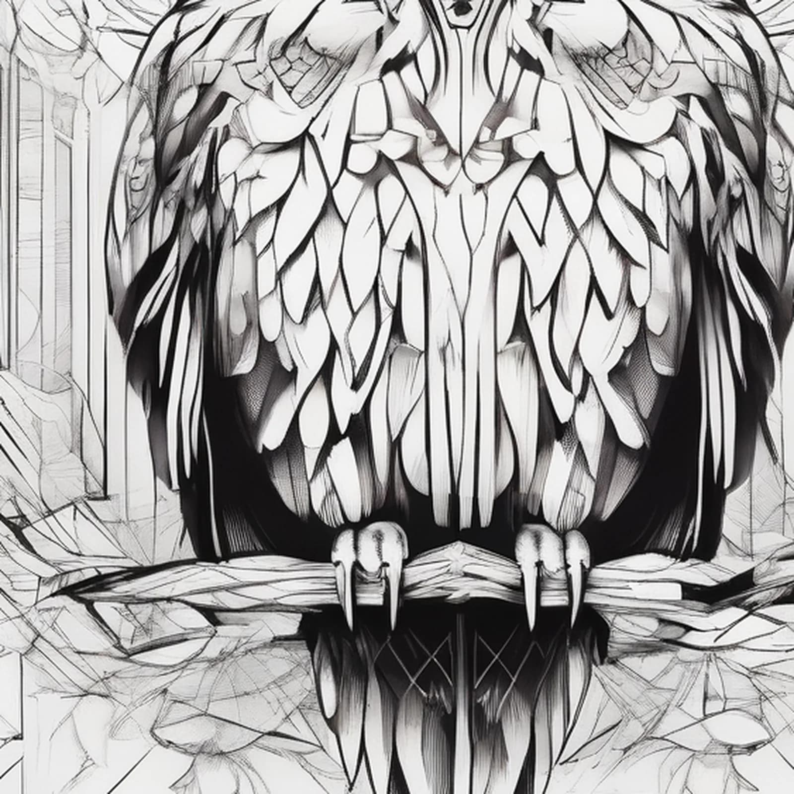 Art Deco Owl tattoo design, close-up detail
