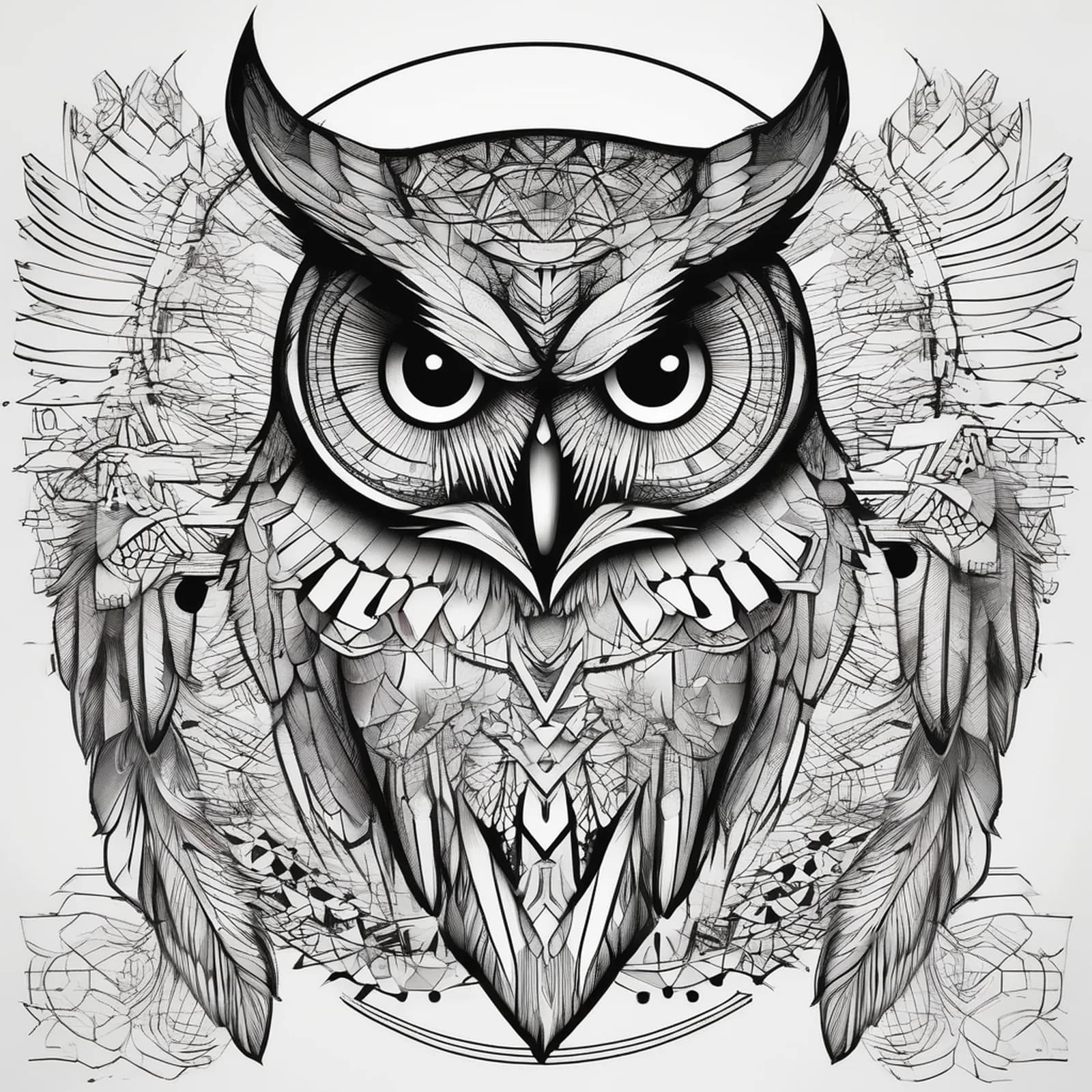 Art Deco Owl tattoo design, alternative version 4