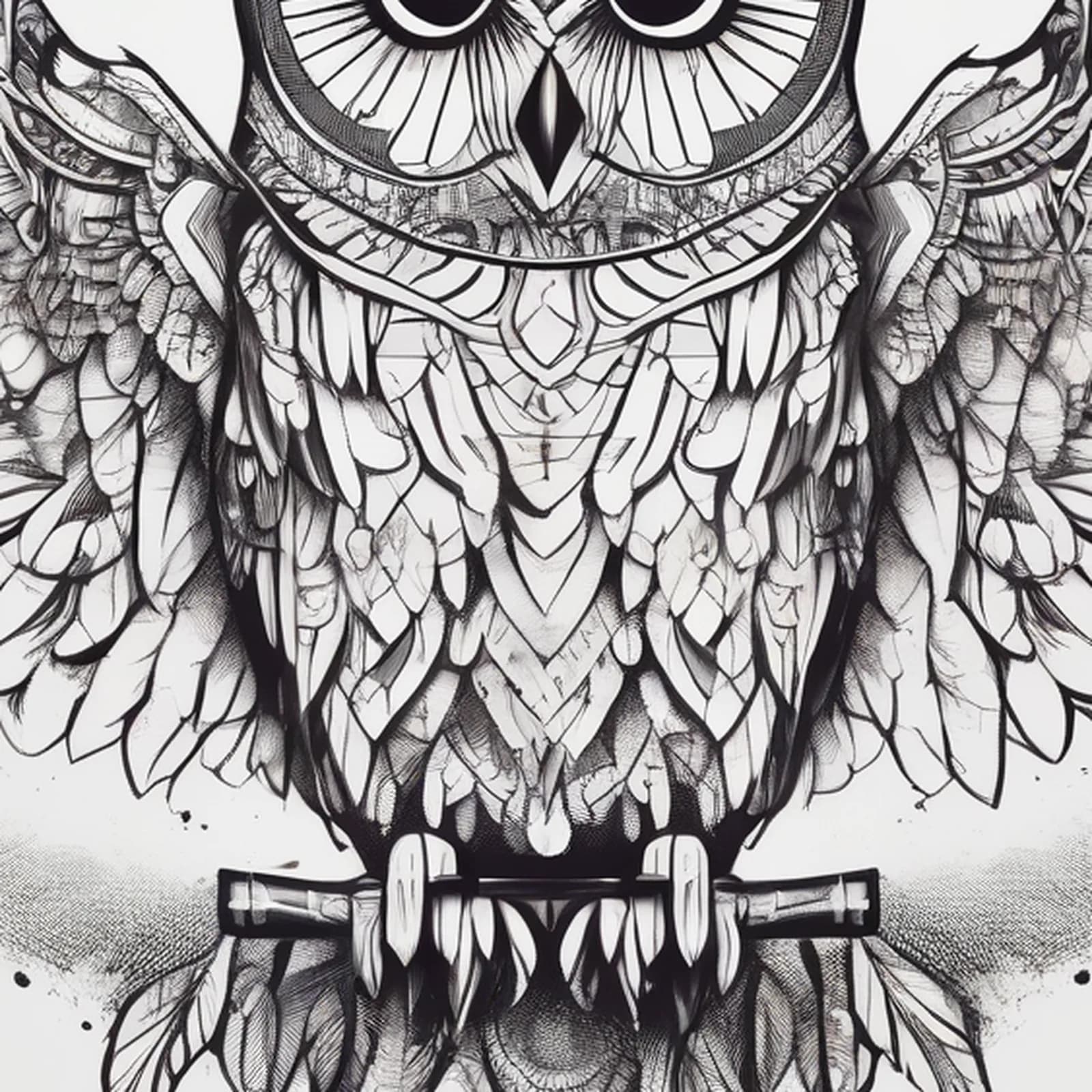 Blackwork Owl tattoo design, close-up detail
