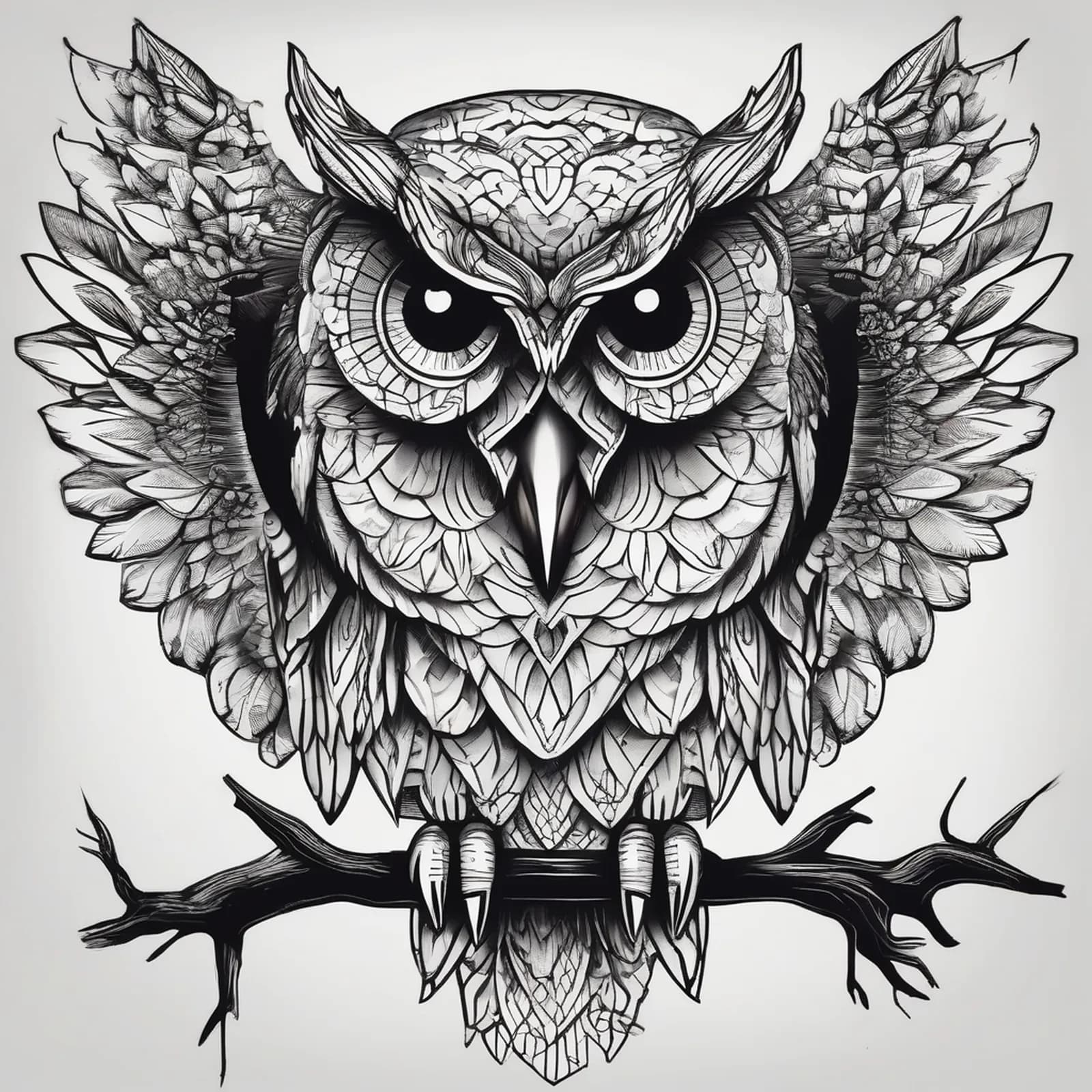 Blackwork Owl tattoo design, alternative version 4