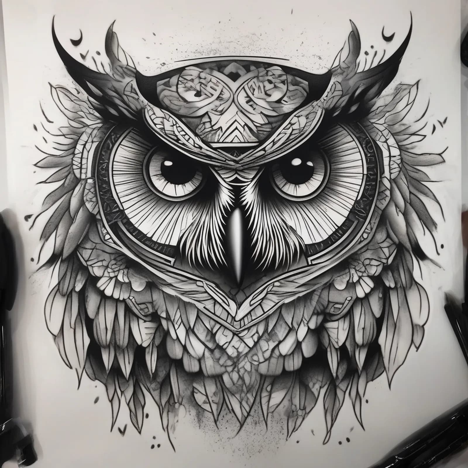 Chicano Style Owl tattoo design, alternative version 4