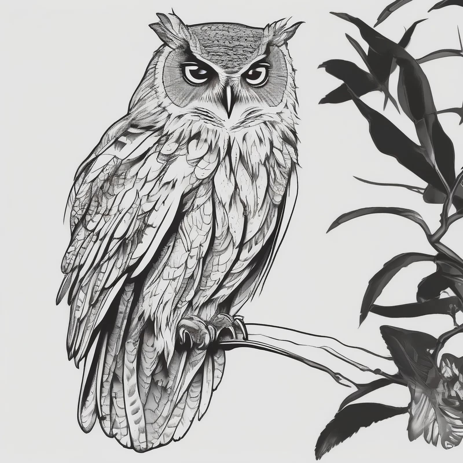 Fine Line Owl tattoo design, alternative version 2