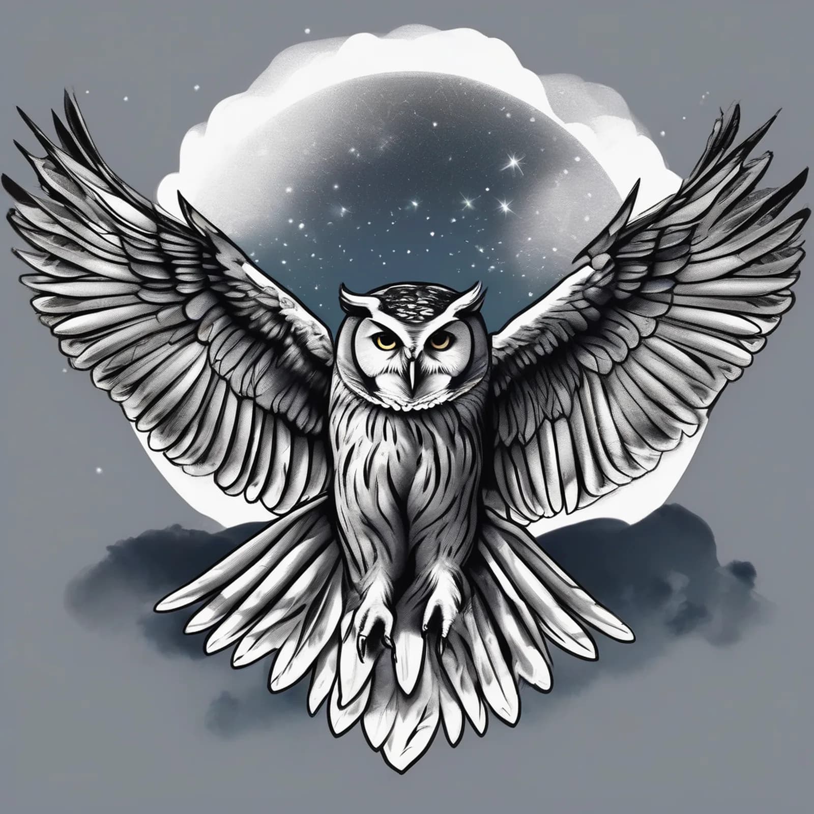 Flying Owl With Spread Wings tattoo design, alternative version 2